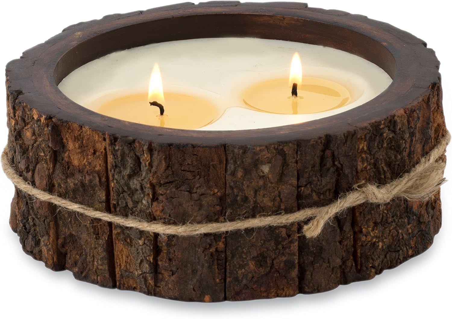 Wooden candle holder with tree bark outer surface with two lit wicks on a white background