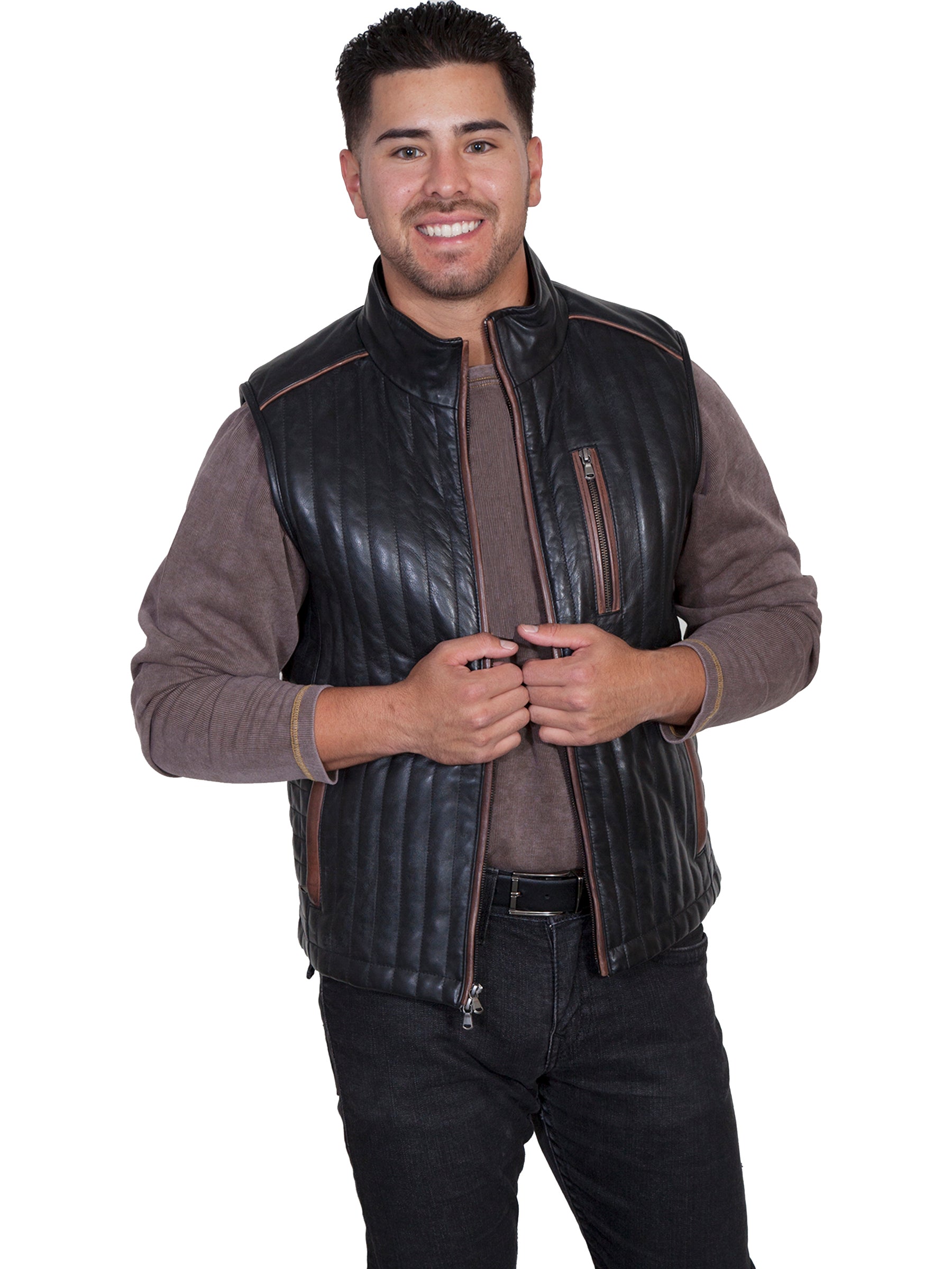 Scully Men's Quilted Two Tone Leather Vest in Black Italian Lamb