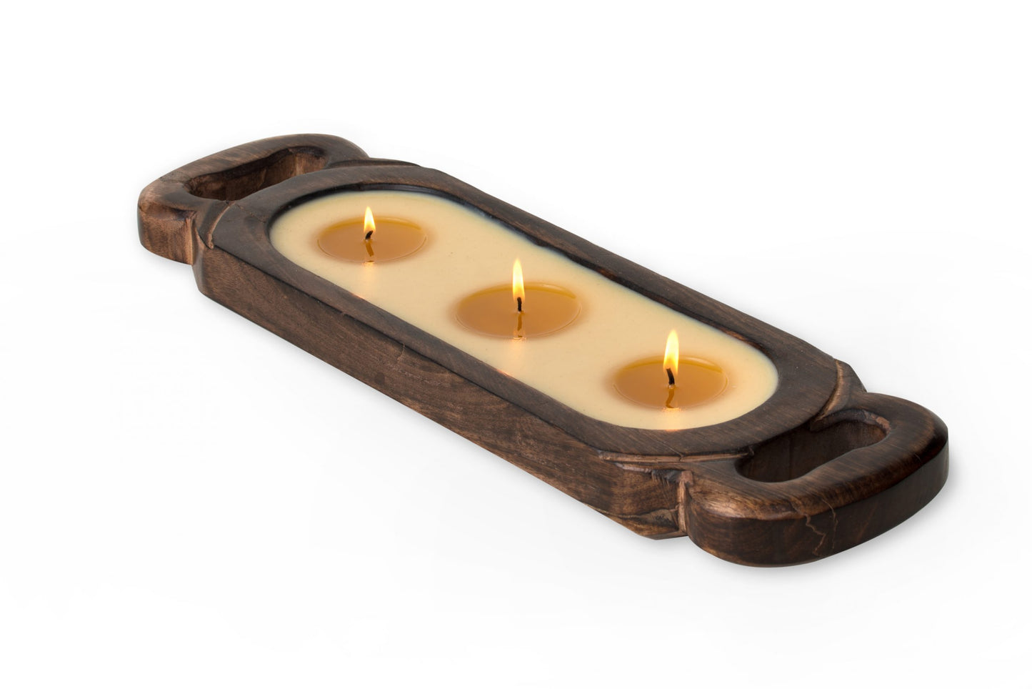 Wooden candle tray with three lit candles on a white background