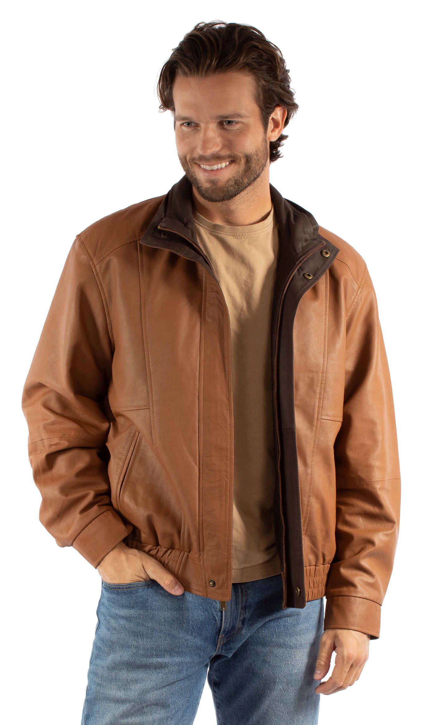 Scully Western Men's Leather Zip Comfort Waist Jacket in Cognac With Chocolate