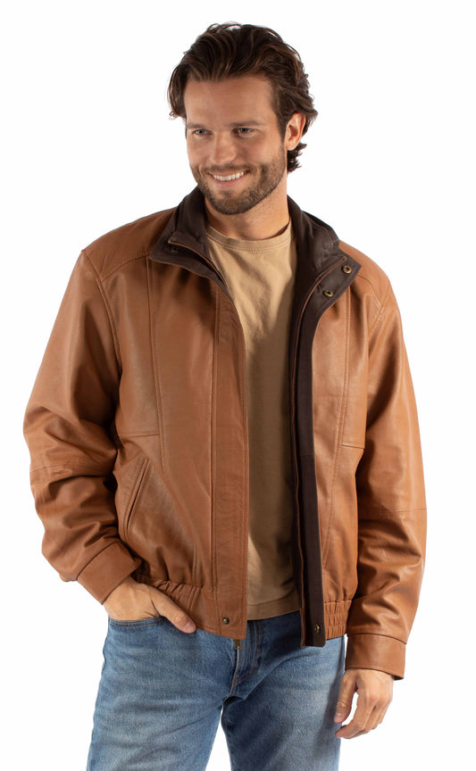 Scully Western Men's Leather Zip Comfort Waist Jacket in Cognac With Chocolate