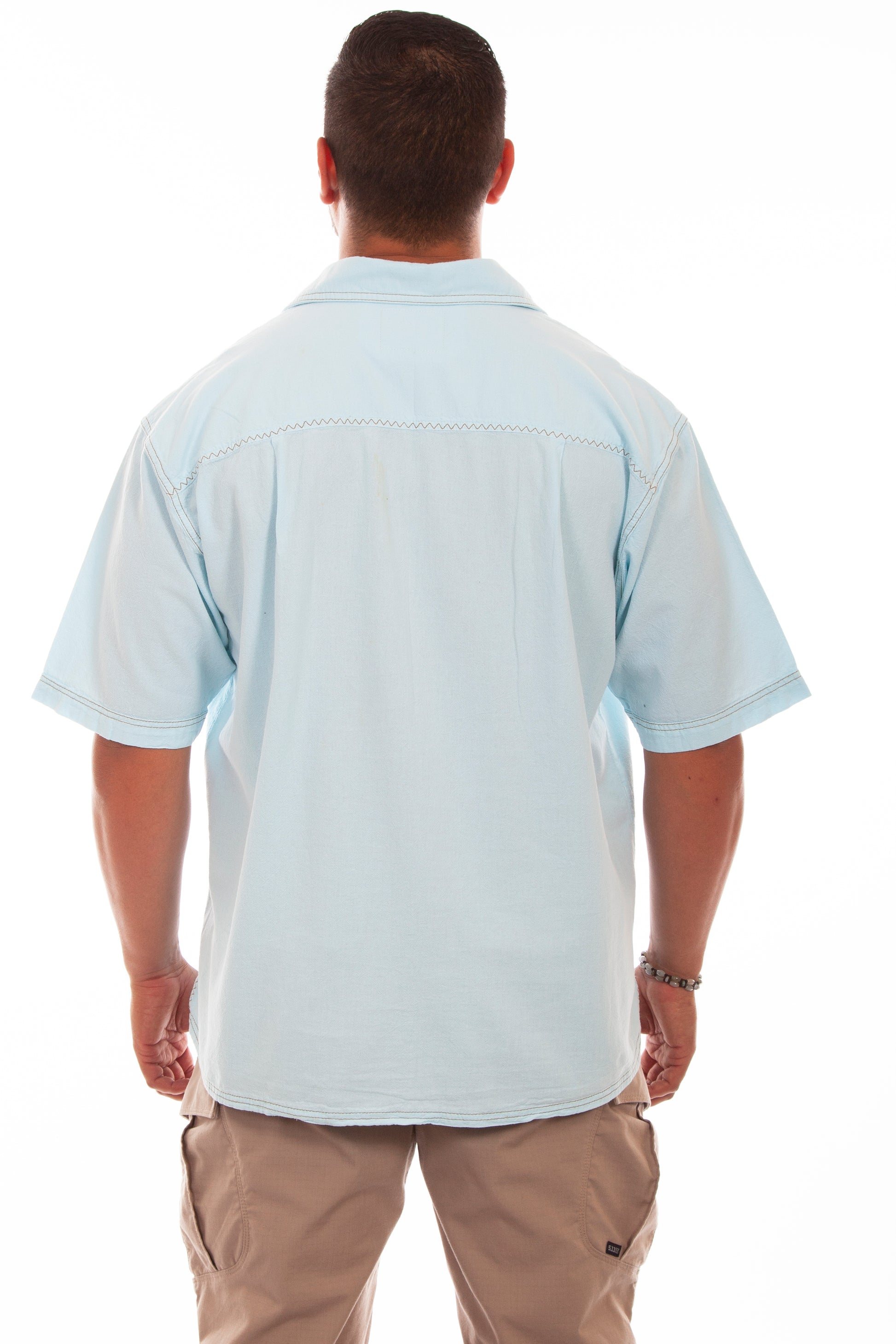 Scully Western Men's The Traveler Short Sleeve Pleated Shirt in Aqua Sky