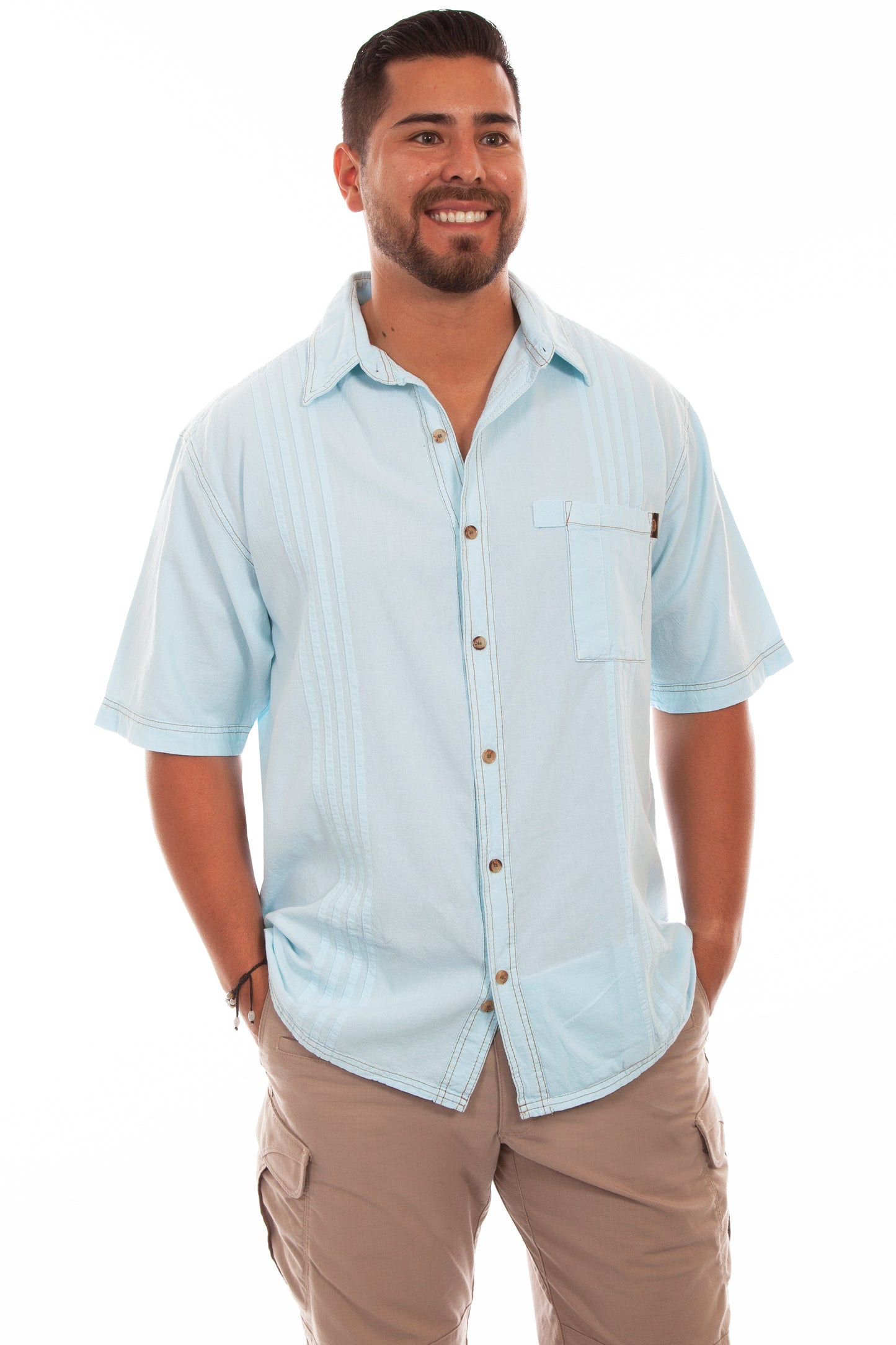 Scully Western Men's The Traveler Short Sleeve Pleated Shirt in Aqua Sky