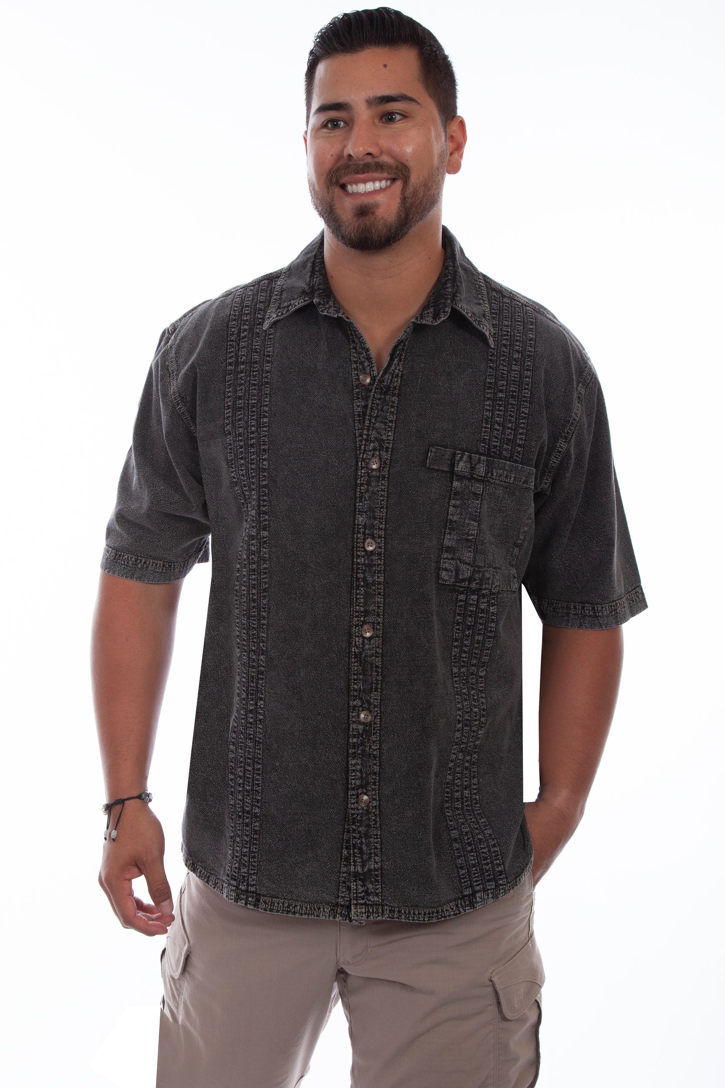 Scully Western Men's The Traveler Short Sleeve Pleated Shirt in Black Distressed