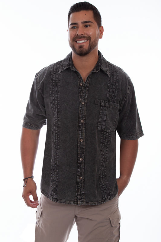 Scully Western Men's The Traveler Short Sleeve Pleated Shirt in Black Distressed