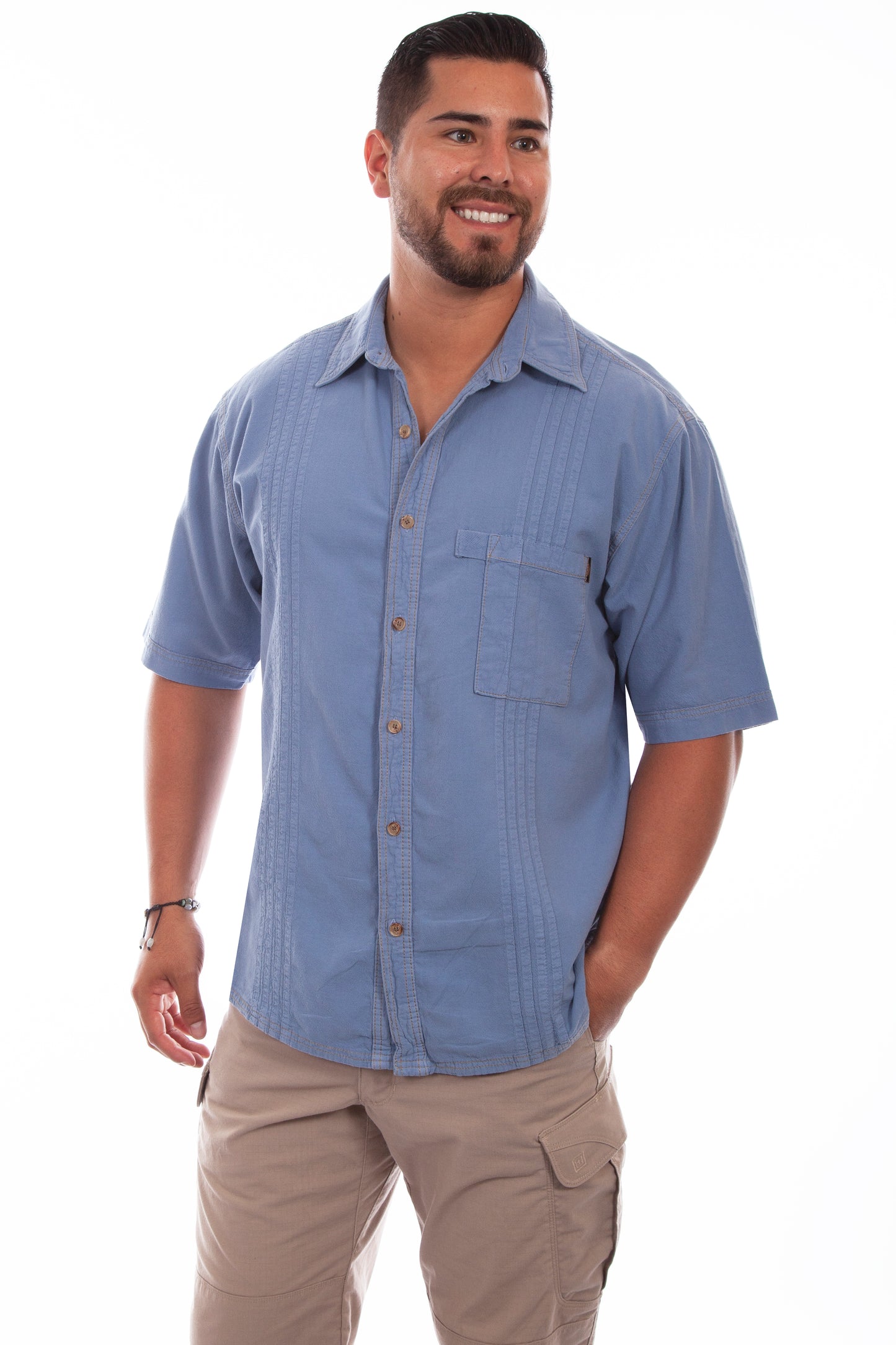 Scully Western Men's The Traveler Short Sleeve Pleated Shirt in Citadel Blue