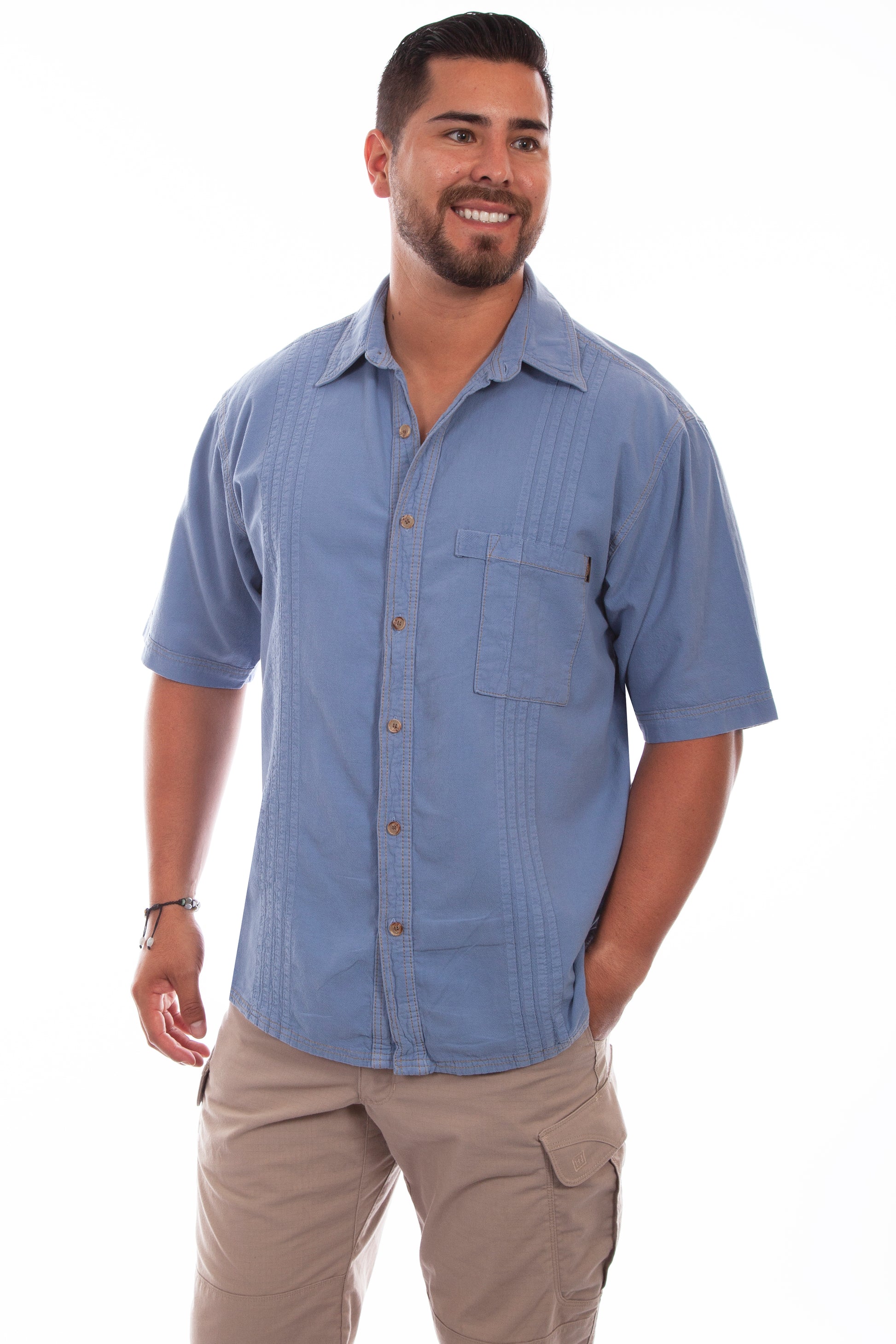 Scully Western Men's The Traveler Short Sleeve Pleated Shirt in Citadel Blue
