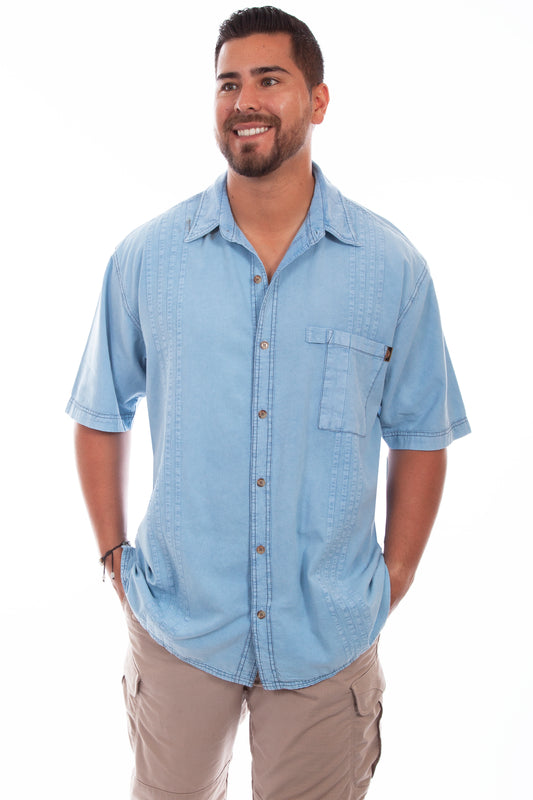 Scully Western Men's The Traveler Short Sleeve Pleated Shirt in Distressed Sky Blue