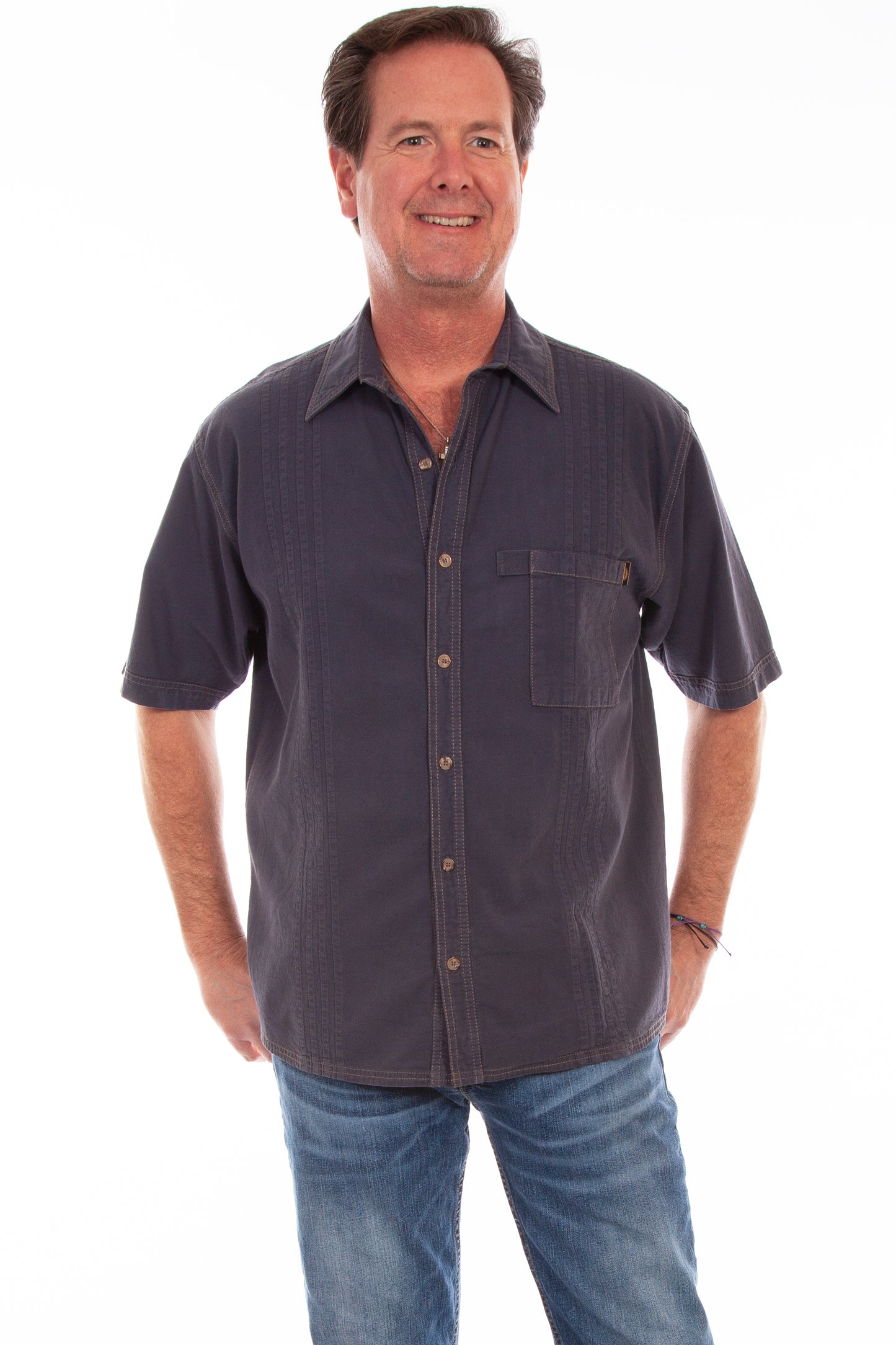 Scully Western Men's The Traveler Short Sleeve Pleated Shirt in Vallarta Blue