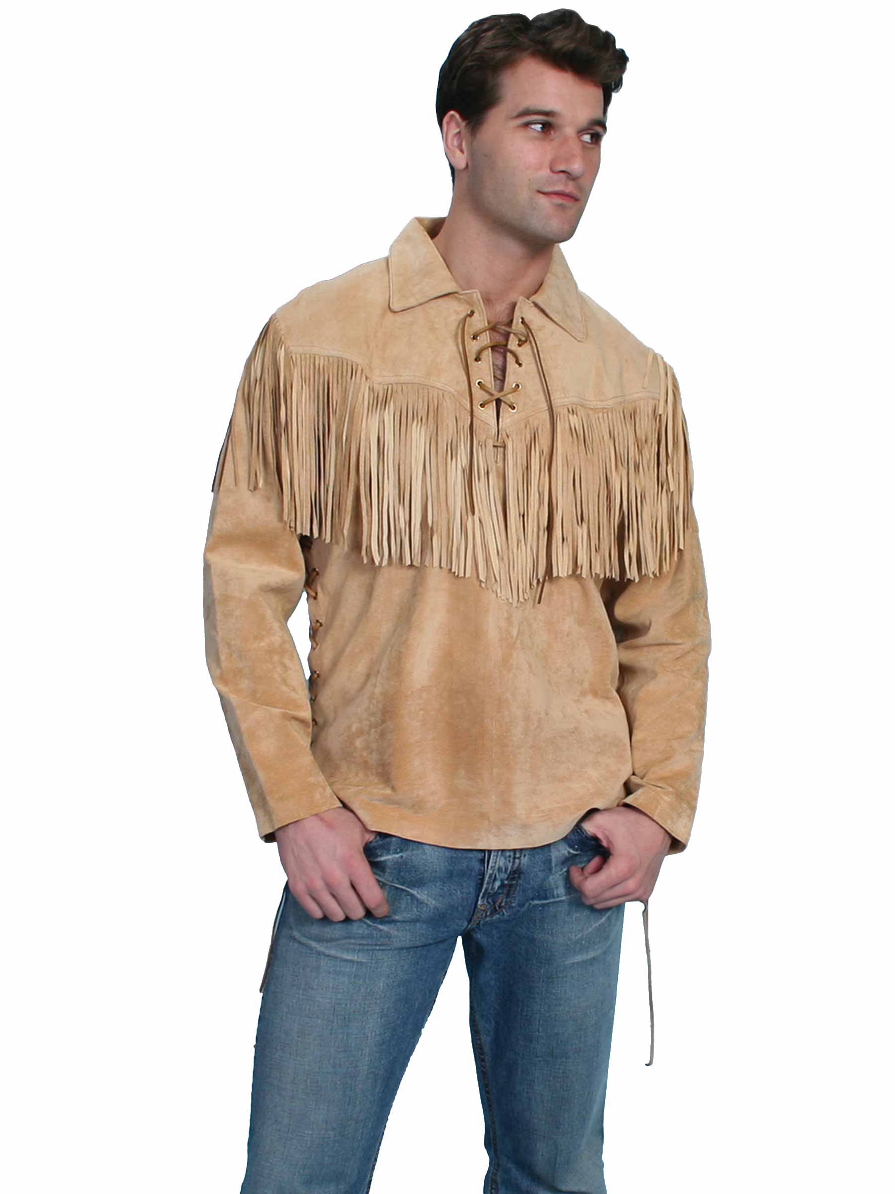 Scully Western Men's Fringed Boar Suede Leather Long Sleeve Shirt in Bourbon