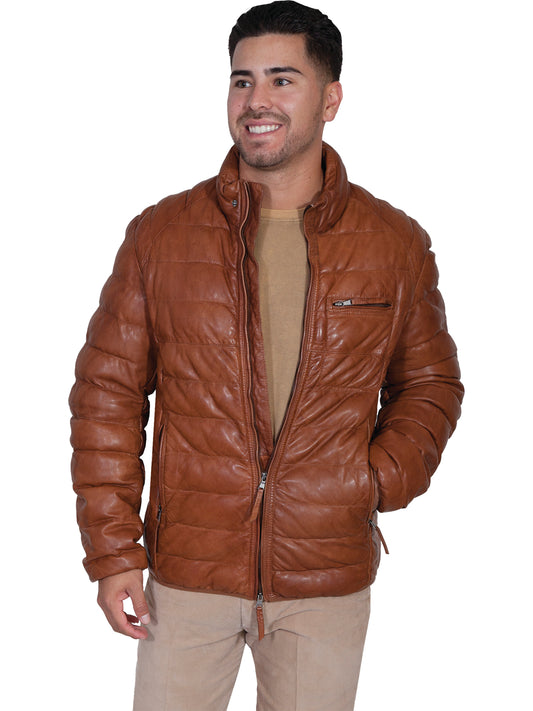 Scully Men's Ribbed Soft Lamb Leather Jacket in Cognac