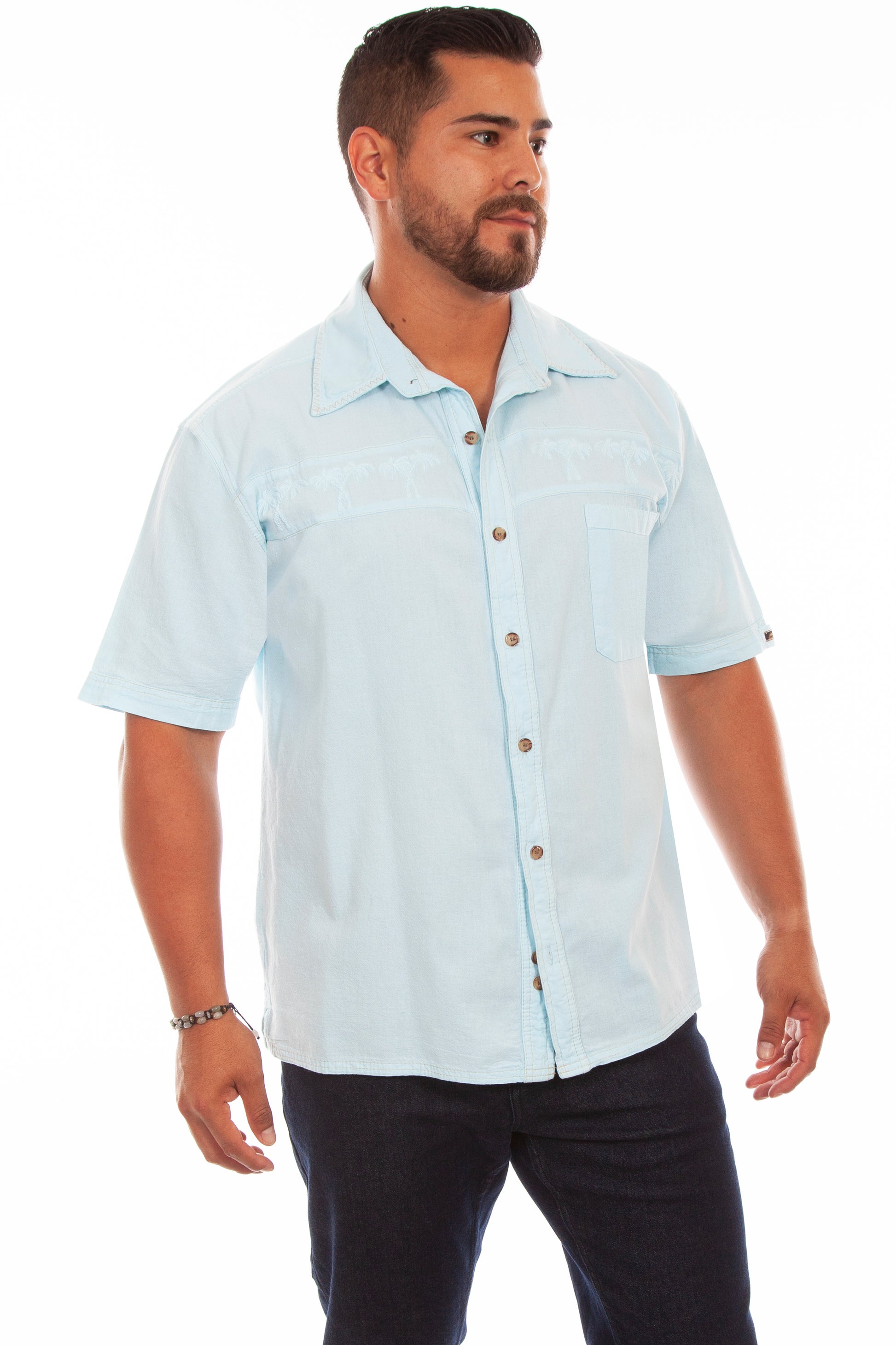 Scully Men's Casual Embroidered Palm Tree Shirt in Aqua Sky