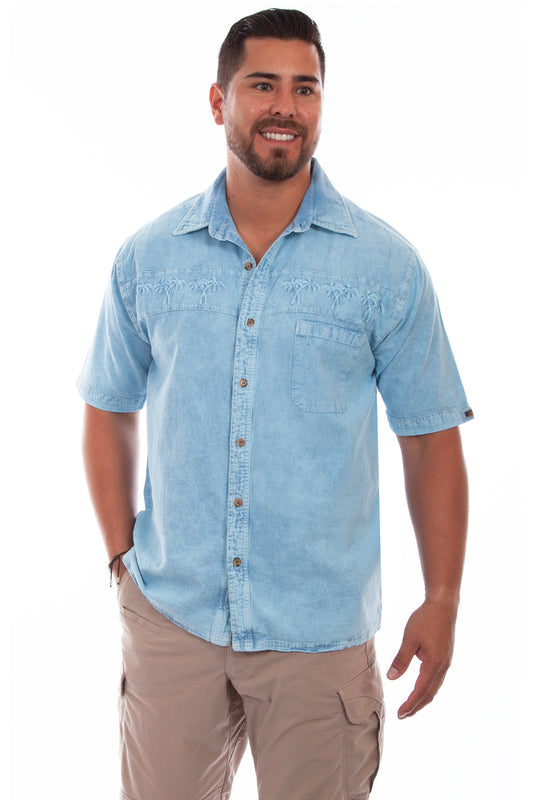 Scully Men's Cotton Palm Trees lt Shirt in Distressed Sky Blue