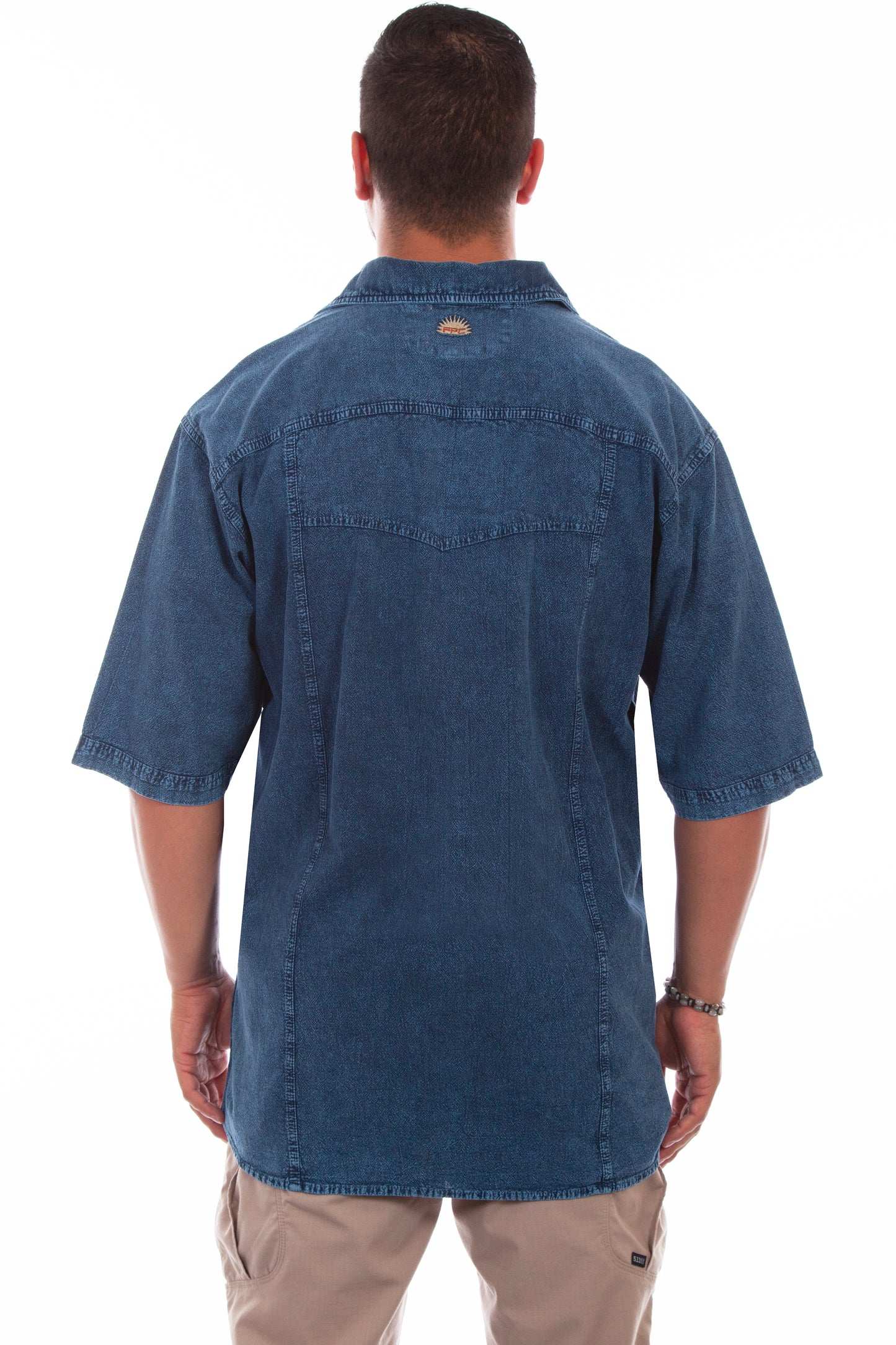 Scully Western Men's Embroidered Shirt in Distressed Denim