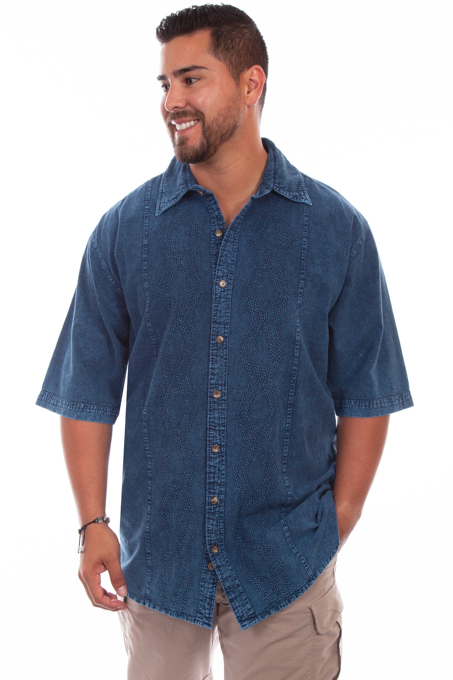 Scully Western Men's Embroidered Shirt in Distressed Denim