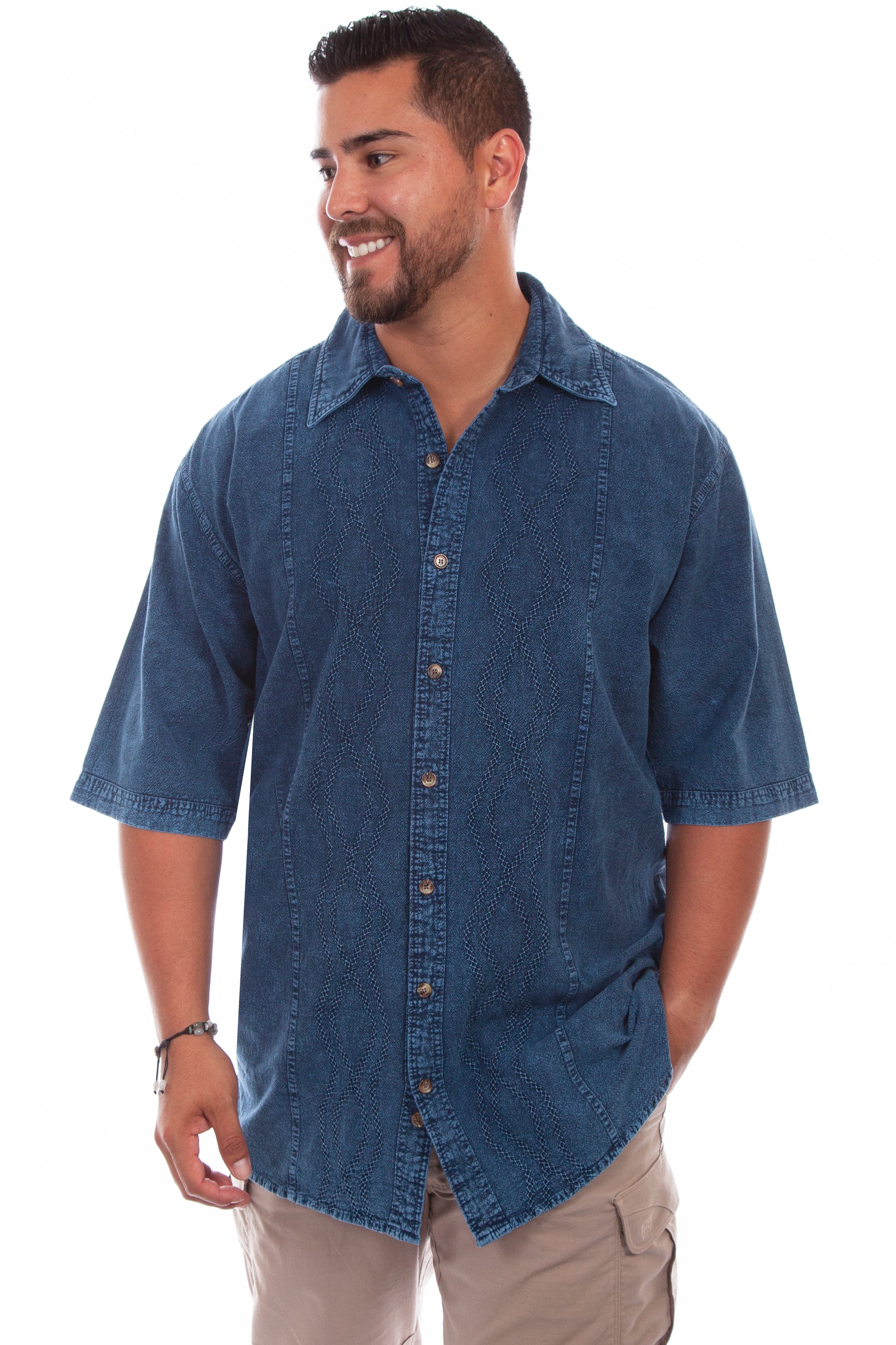 Scully Western Men's Embroidered Shirt in Distressed Denim