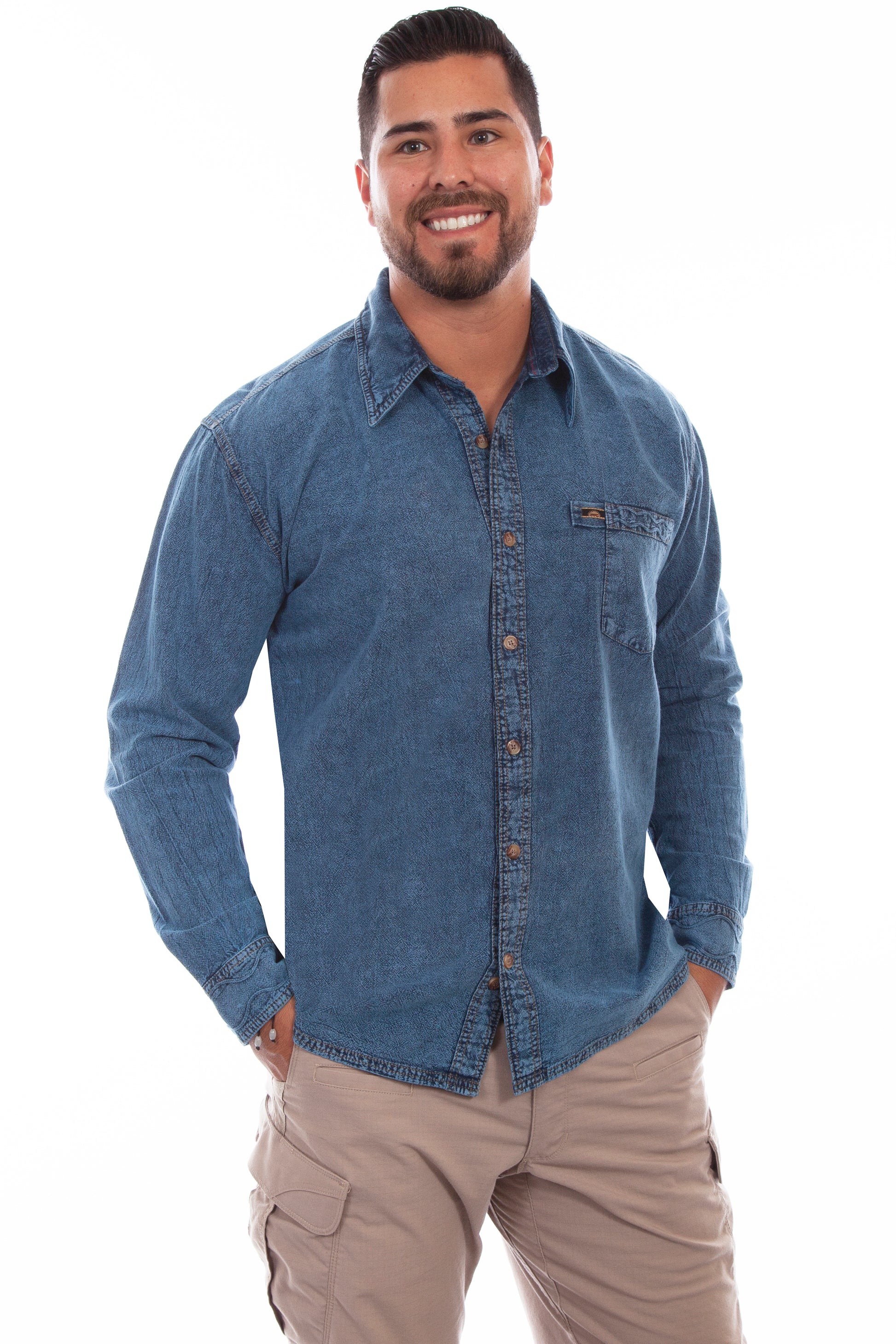Scully Men's Cotton Trail Walk Shirt in Light Washed Denim