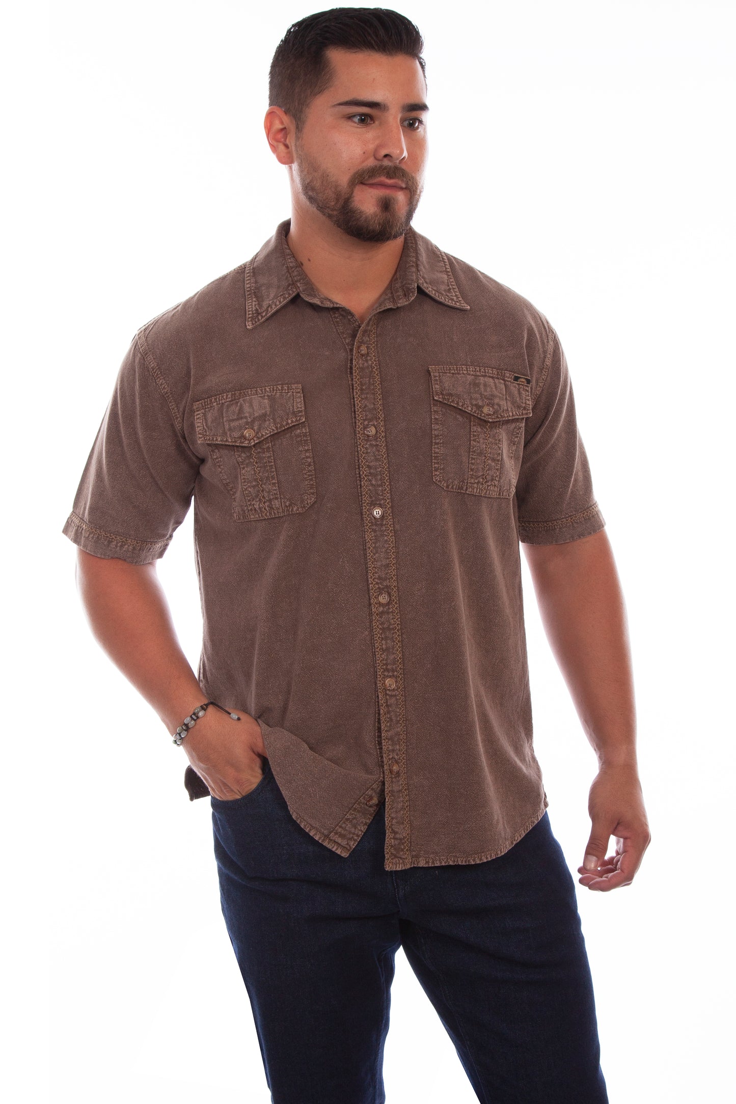 Scully Men's Short Sleeve Voyager Shirt in Light Latte