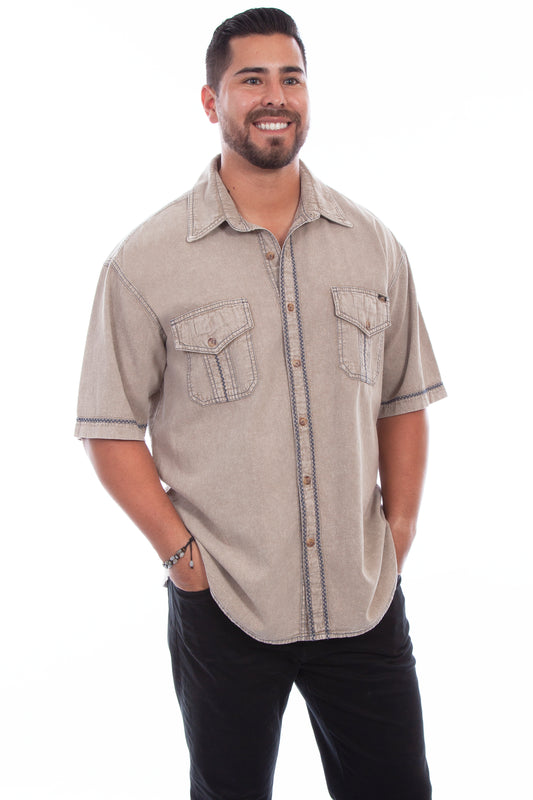 Scully Western Men's Short Sleeve Voyager Shirt in Stone