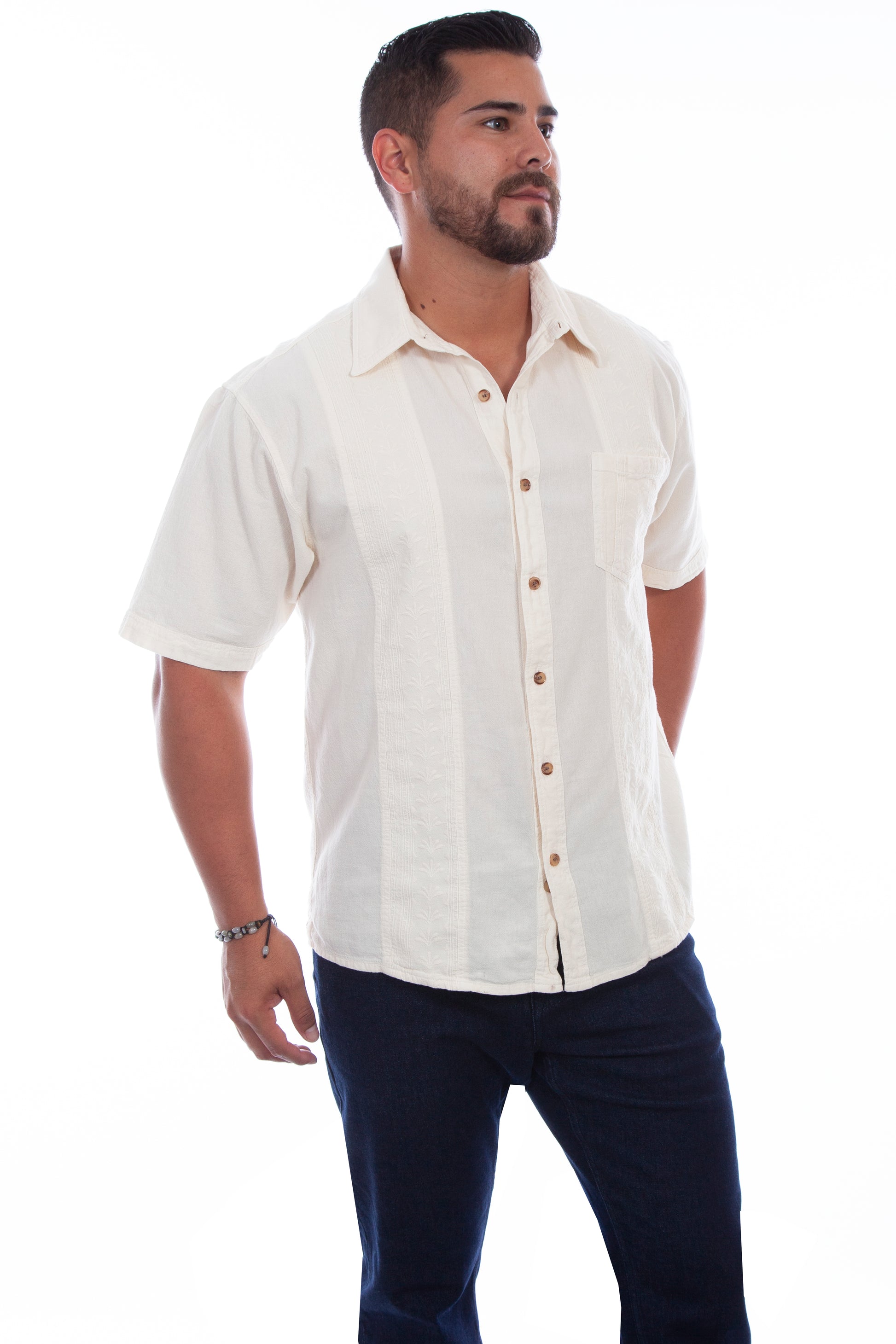 Scully Men's Short Sleeve Calypso Shirt in Ivory Distressed