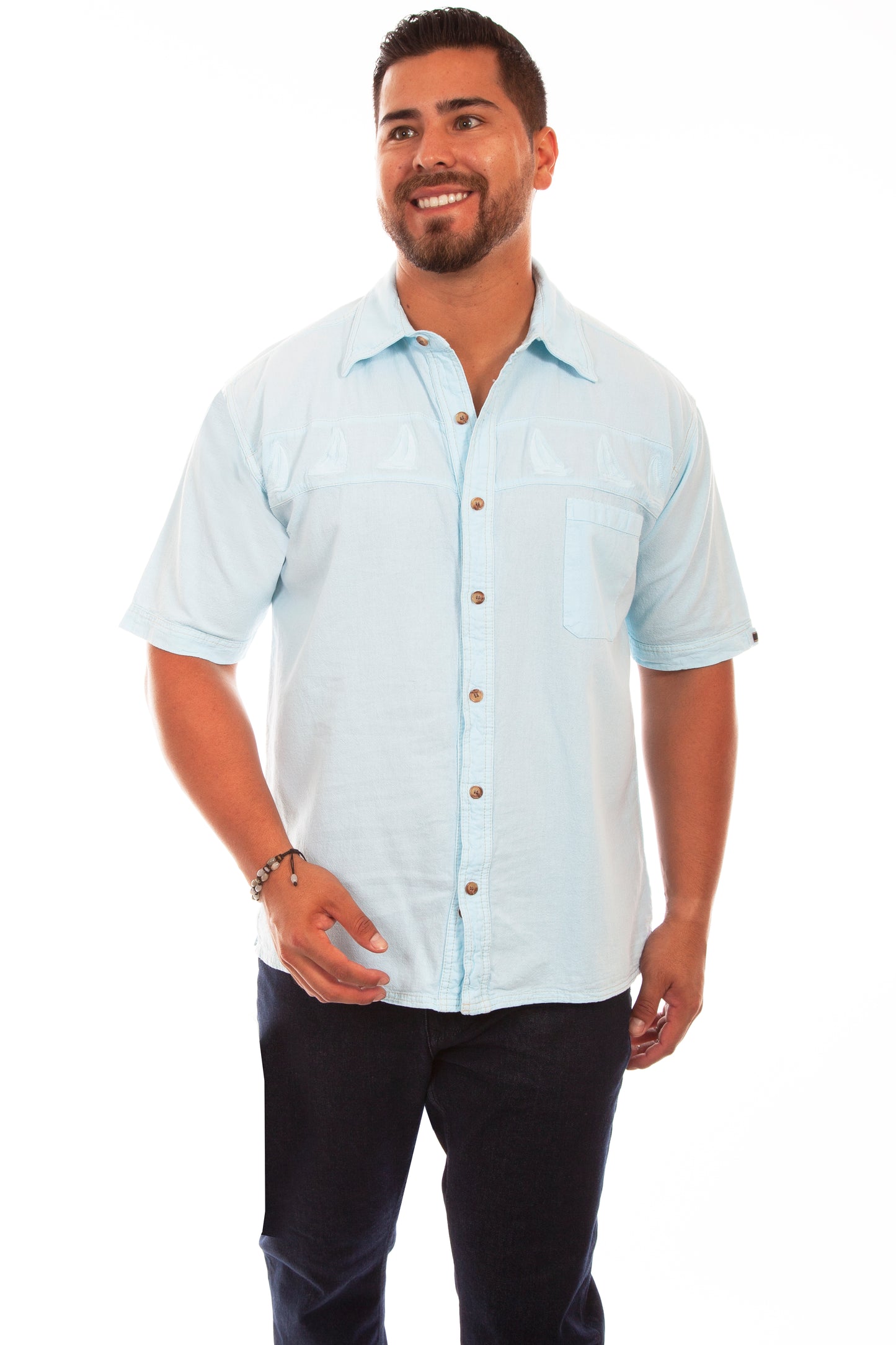 Scully Western Men's Embroidered Sailboat Shirt in Aqua Sky