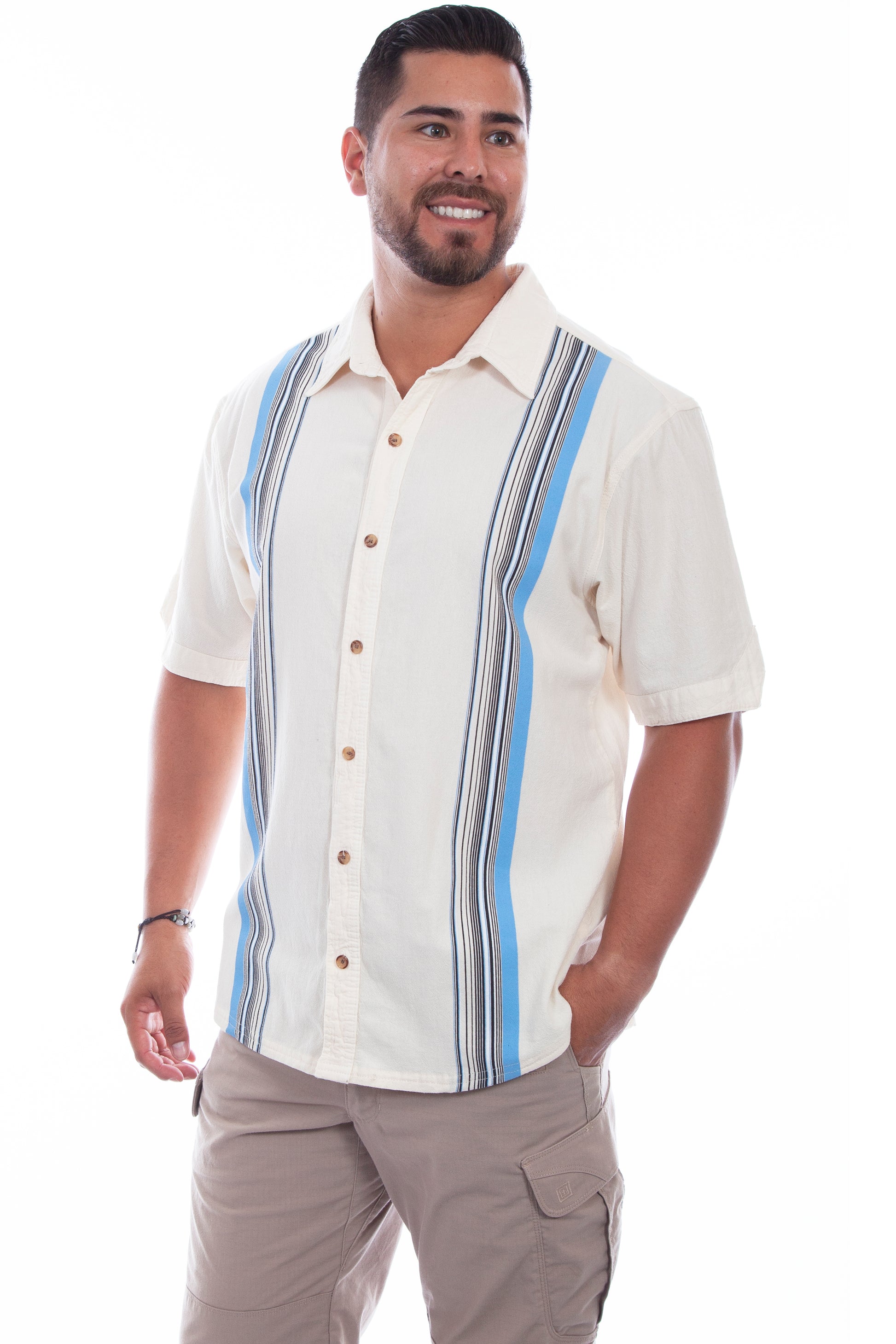 Scully Western Men's Daytona Double Stripe Shirt in Ivory Distressed