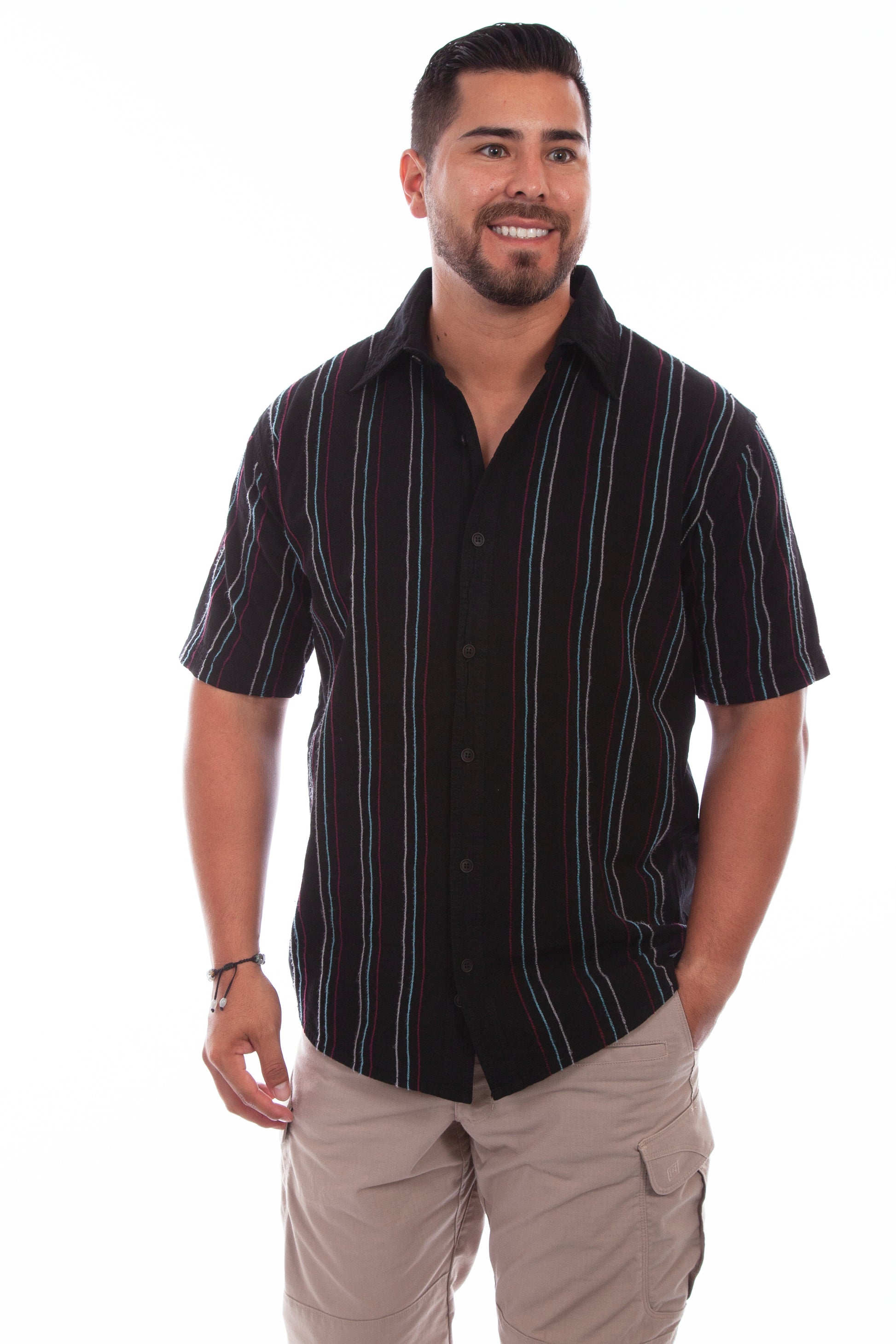 Scully Western Men's Short Sleeve Stripe Button Shirt in Black