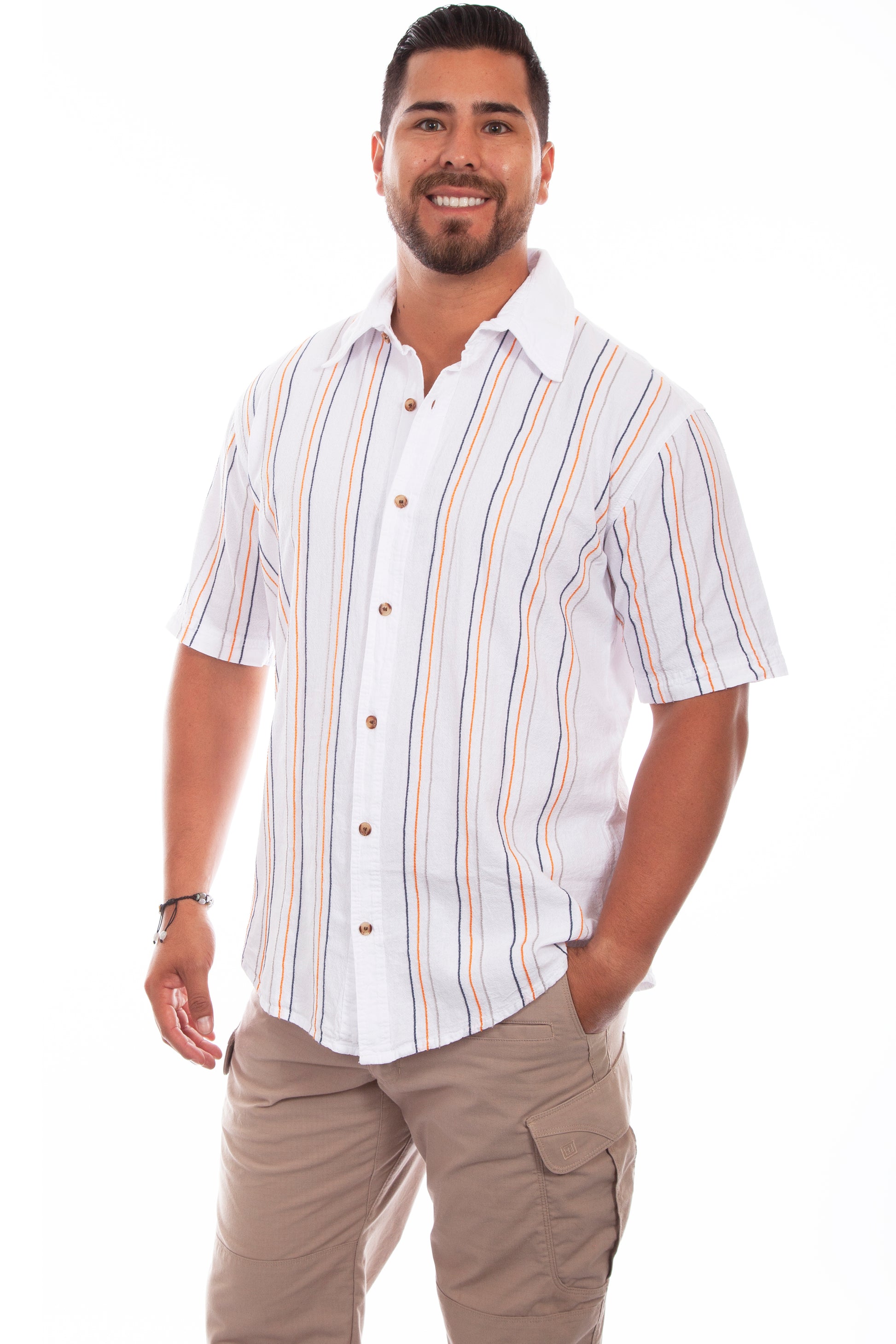 Scully Western Men's Short Sleeve Stripe Button Shirt in White