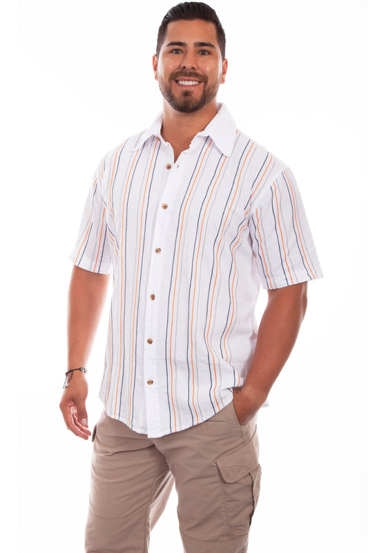 Scully Western Men's Short Sleeve Stripe Button Shirt in White