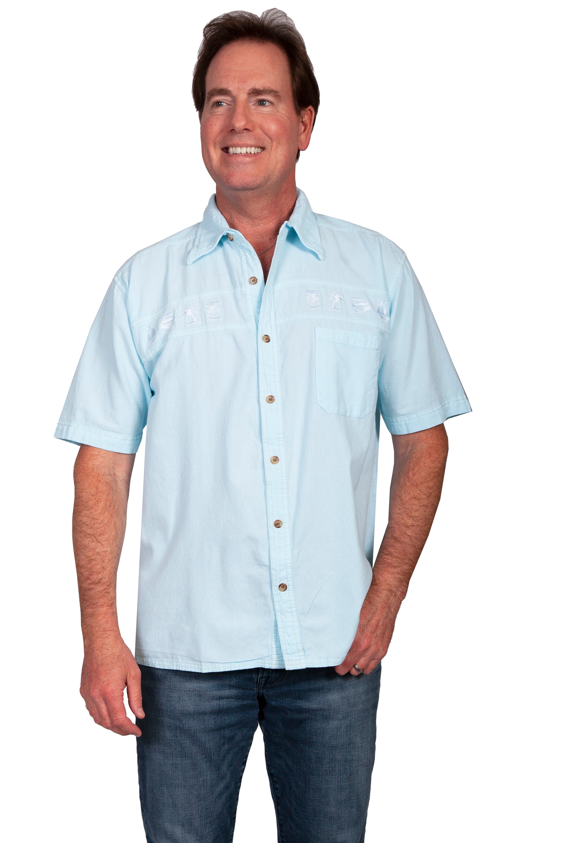 Scully Western Men's Longboat Embroidered Shirt in Aqua Sky