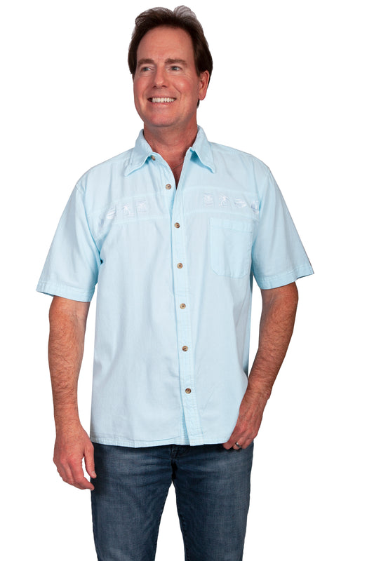 Scully Western Men's Longboat Embroidered Shirt in Aqua Sky