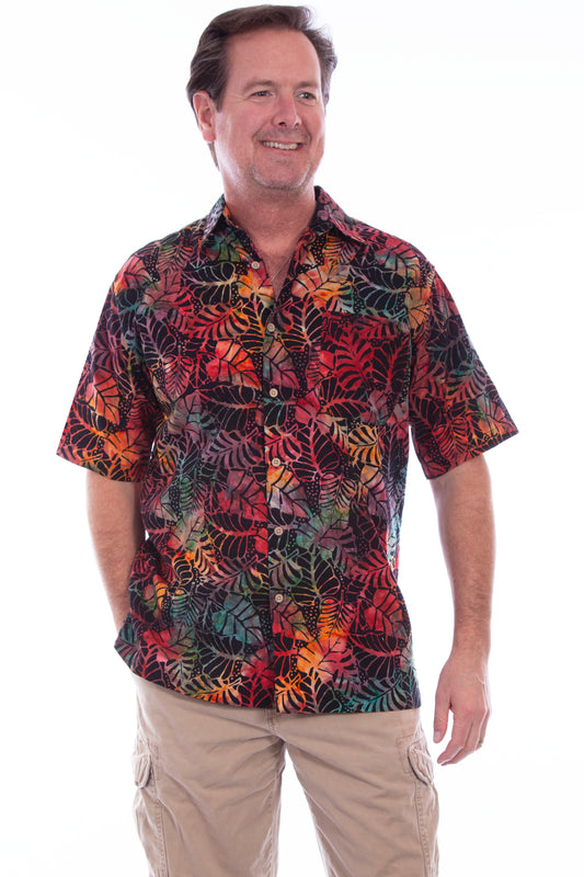 Scully Western Men's Floral Leaf Batik Shirt in Sunset