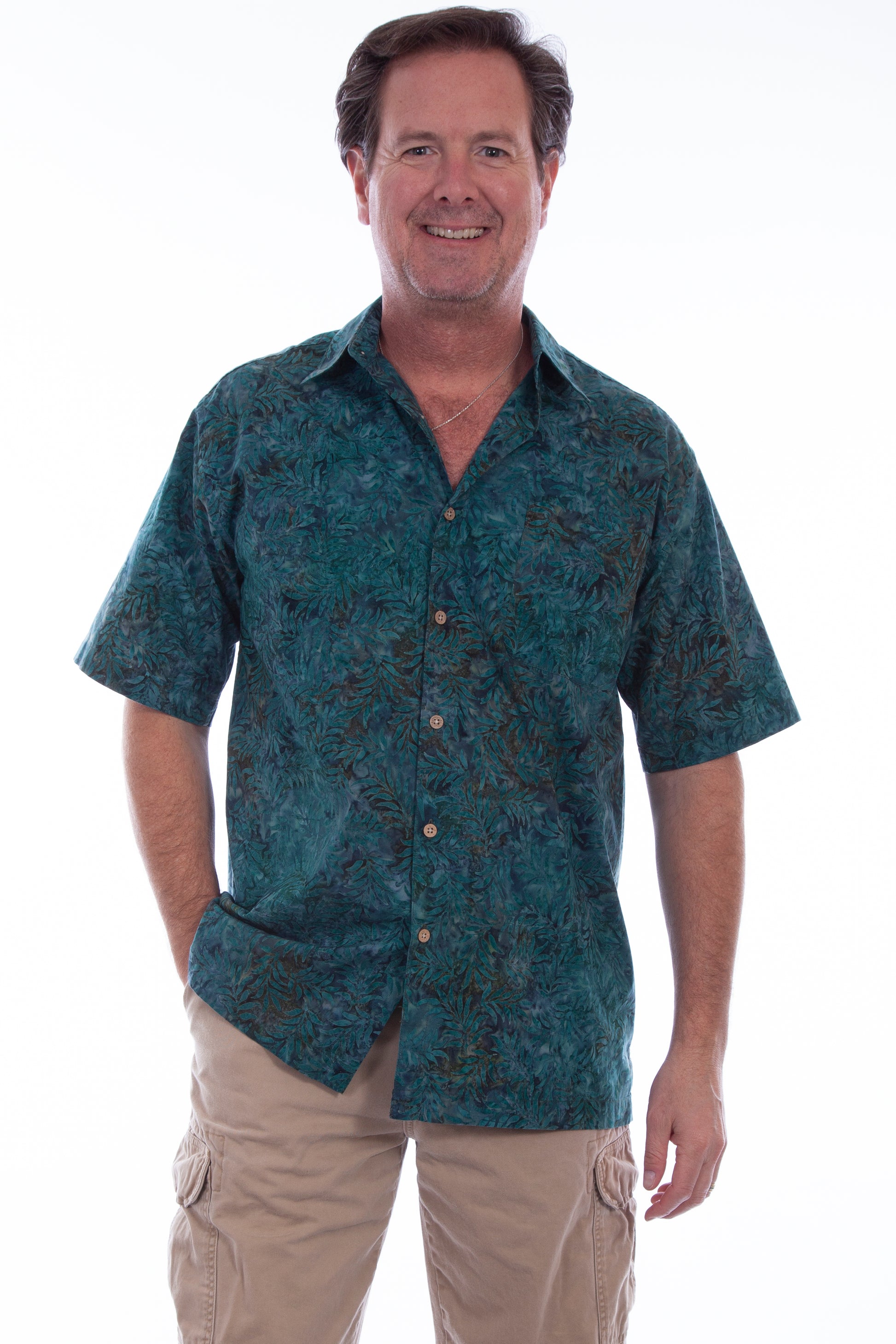 Scully Western Men's Leaf Batik Print Short Sleeved Button Shirt in Deep Sea