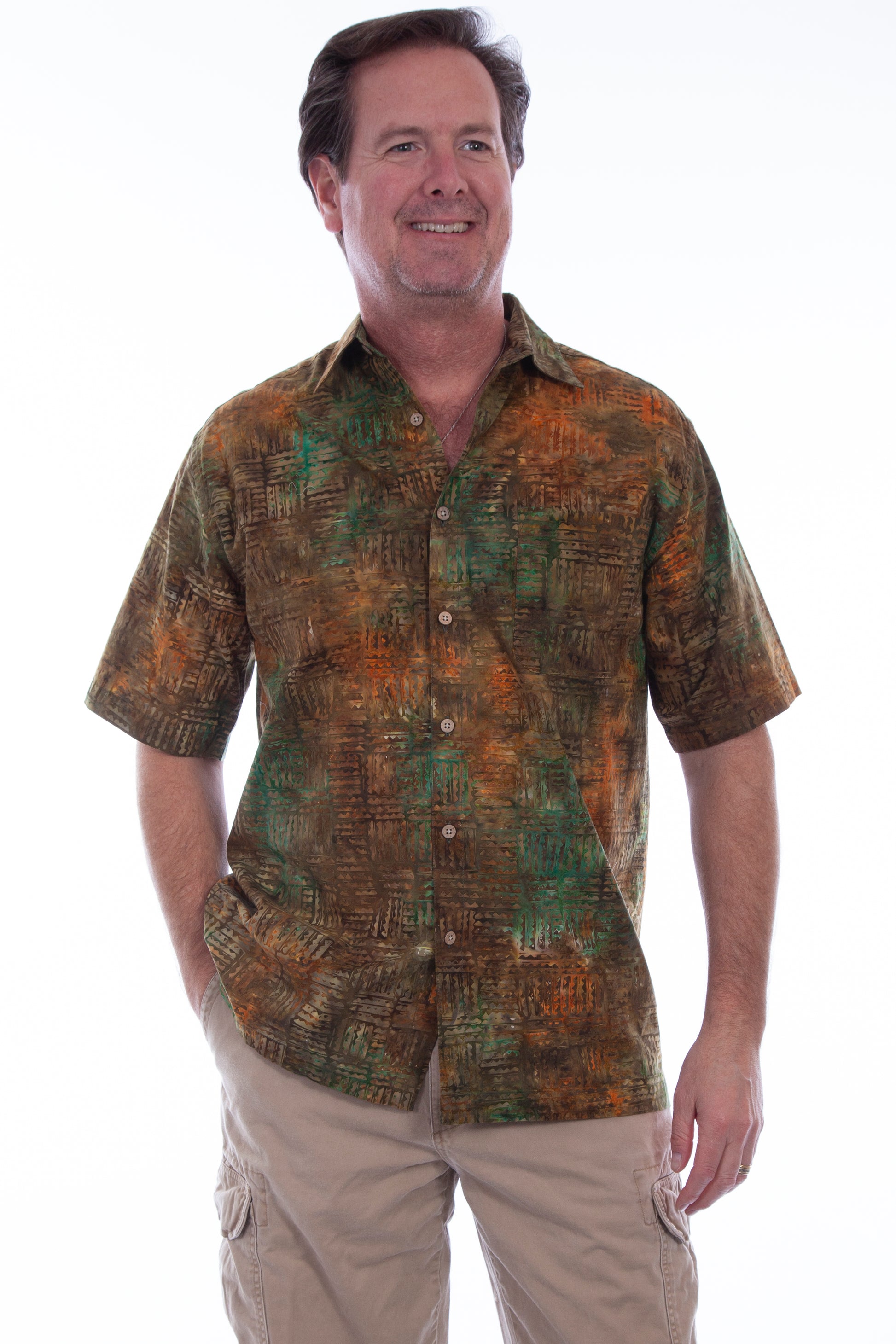 Scully Western Men's Block Batik Print Short Sleeved Button Shirt in Outback