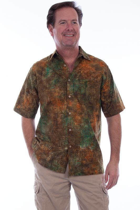 Scully Western Men's Block Batik Print Short Sleeved Button Shirt in Outback