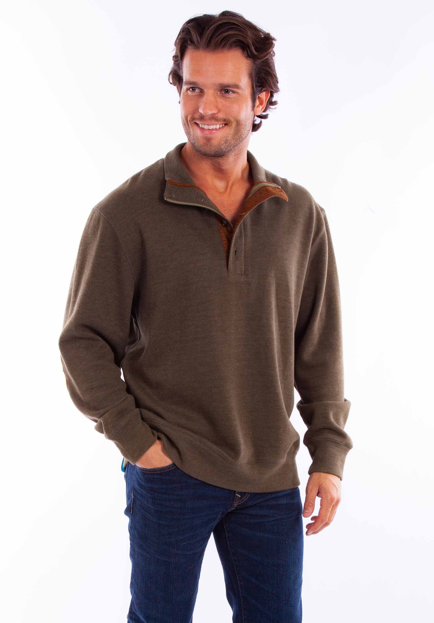 Scully Western Men's Sweater Pullover Elbow Patch in Olive