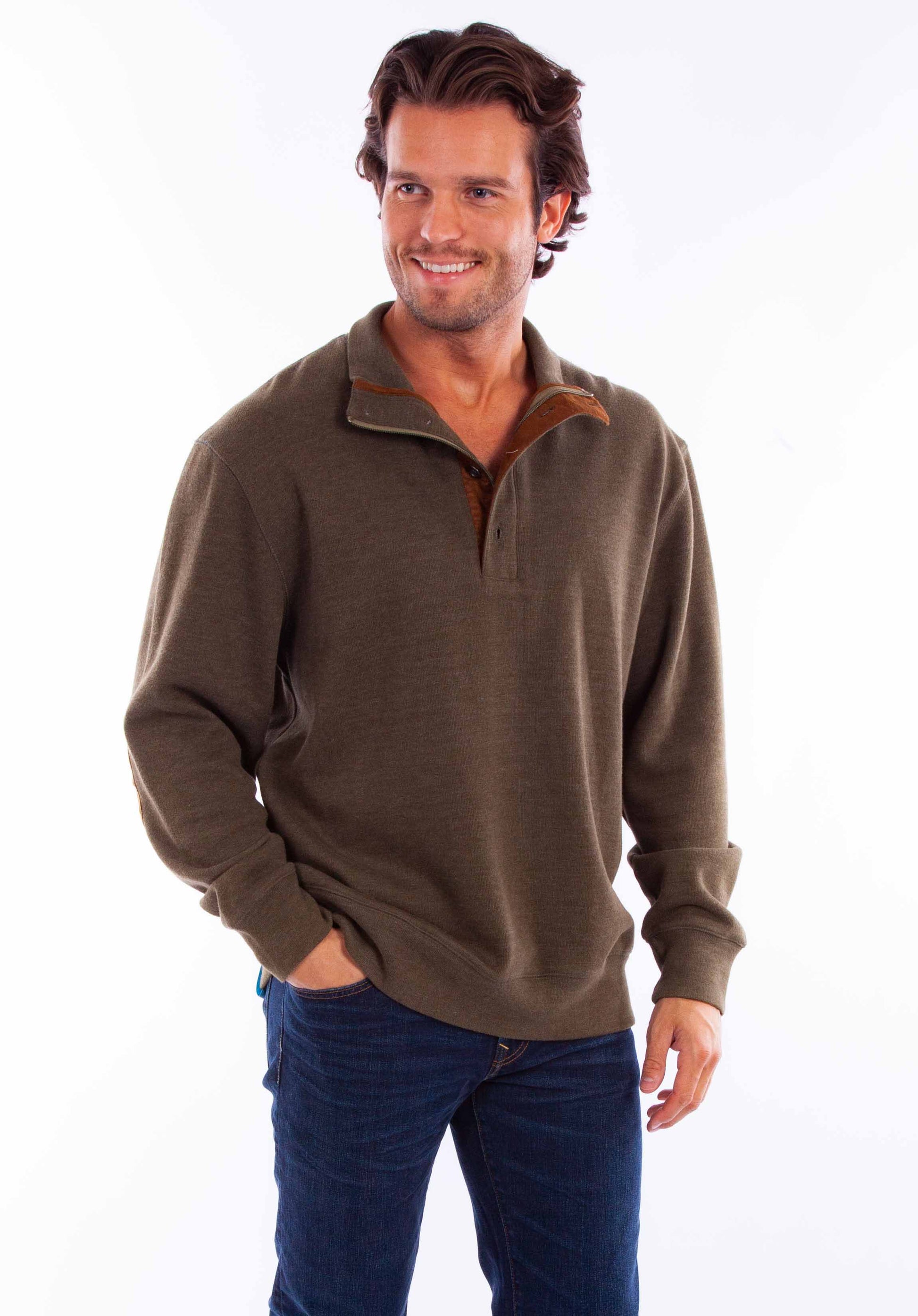 Scully Western Men's Sweater Pullover Elbow Patch in Olive