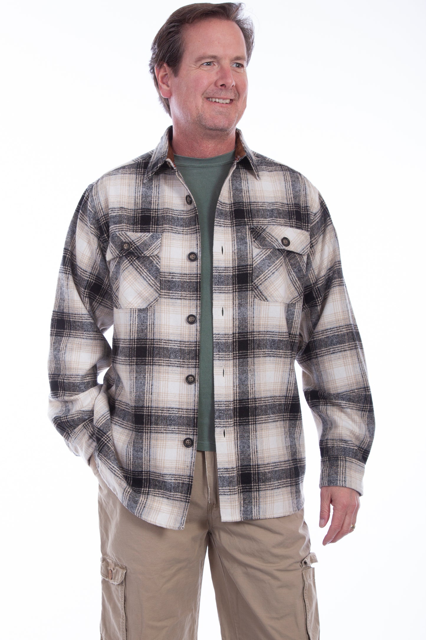 Scully Western Men's Brawny Flannel Plaid Black White Shirt in Black-White