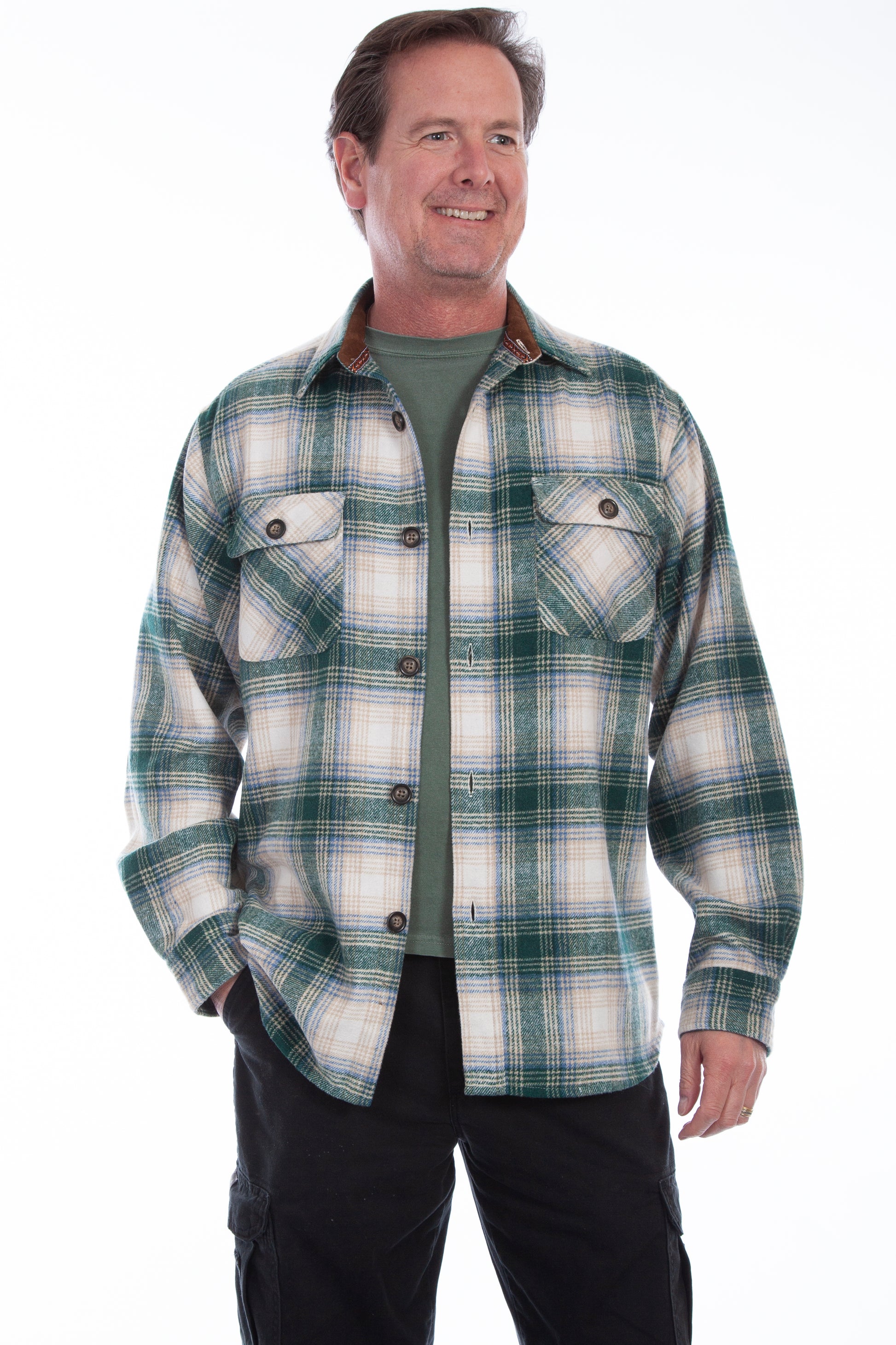 Scully Western Men's Brawny Flannel Green White Shirt in Green-White