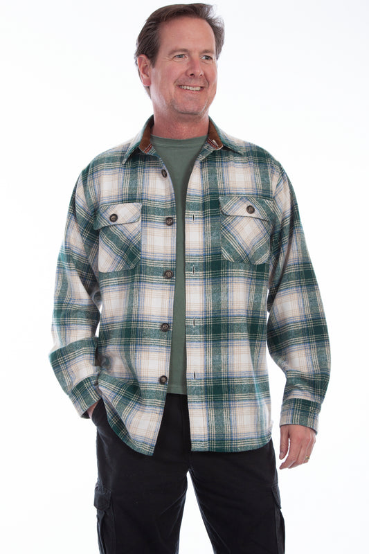 Scully Western Men's Brawny Flannel Green White Shirt in Green-White