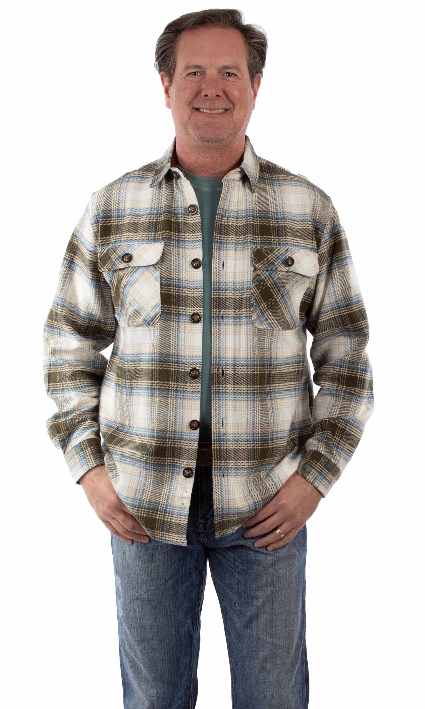 Scully Western Men's Brawny Flannel Plaid Button Shirt in Olive