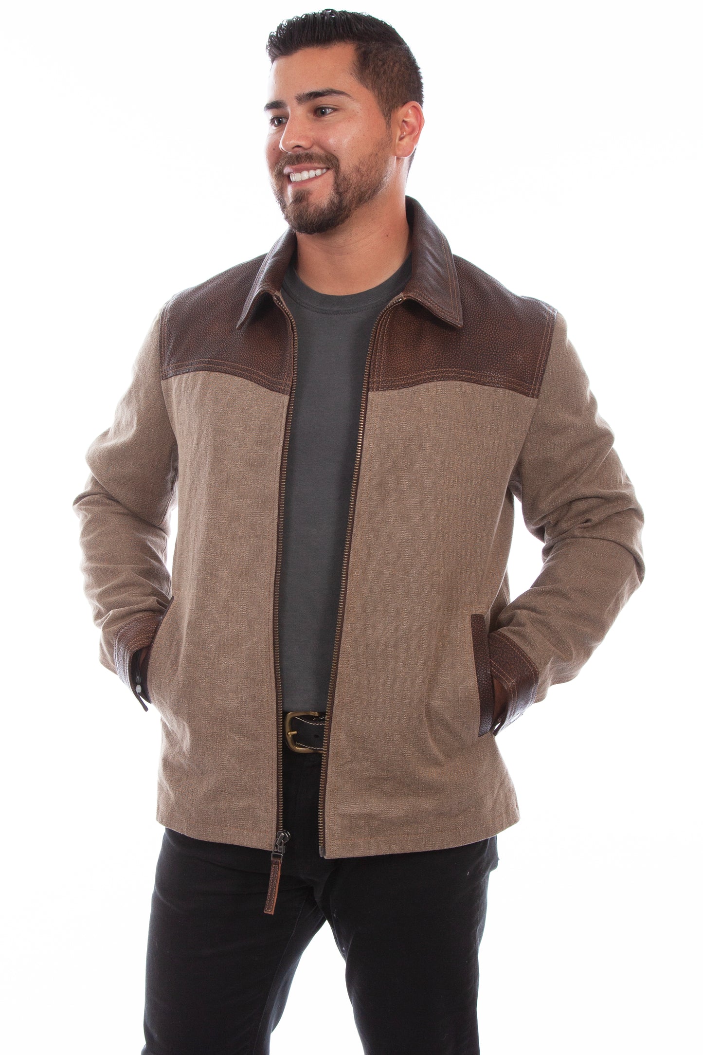 Scully Western Men's Durable Zip Leather Trim Jacket in Brown