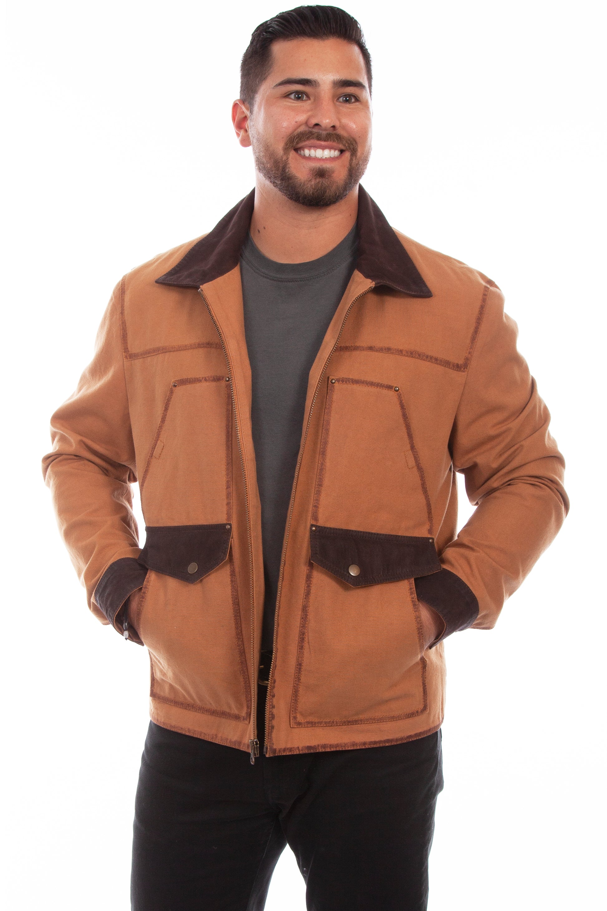 Scully Men's Easy Fit Casual Canvas Leather Cotton Jacket in Tan