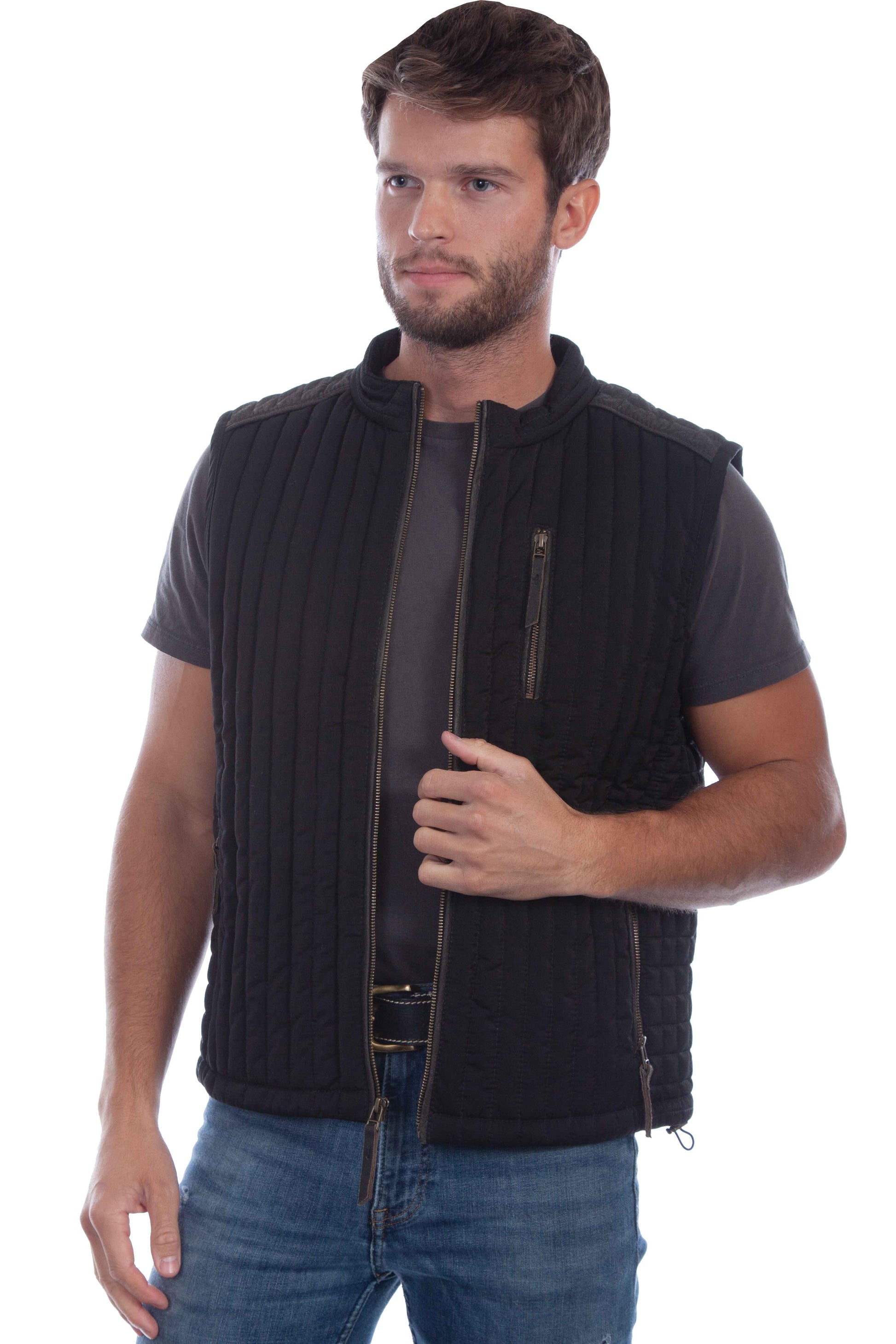 Scully Western Men's Ribbed Suede Trimmed Zip Vest in Black