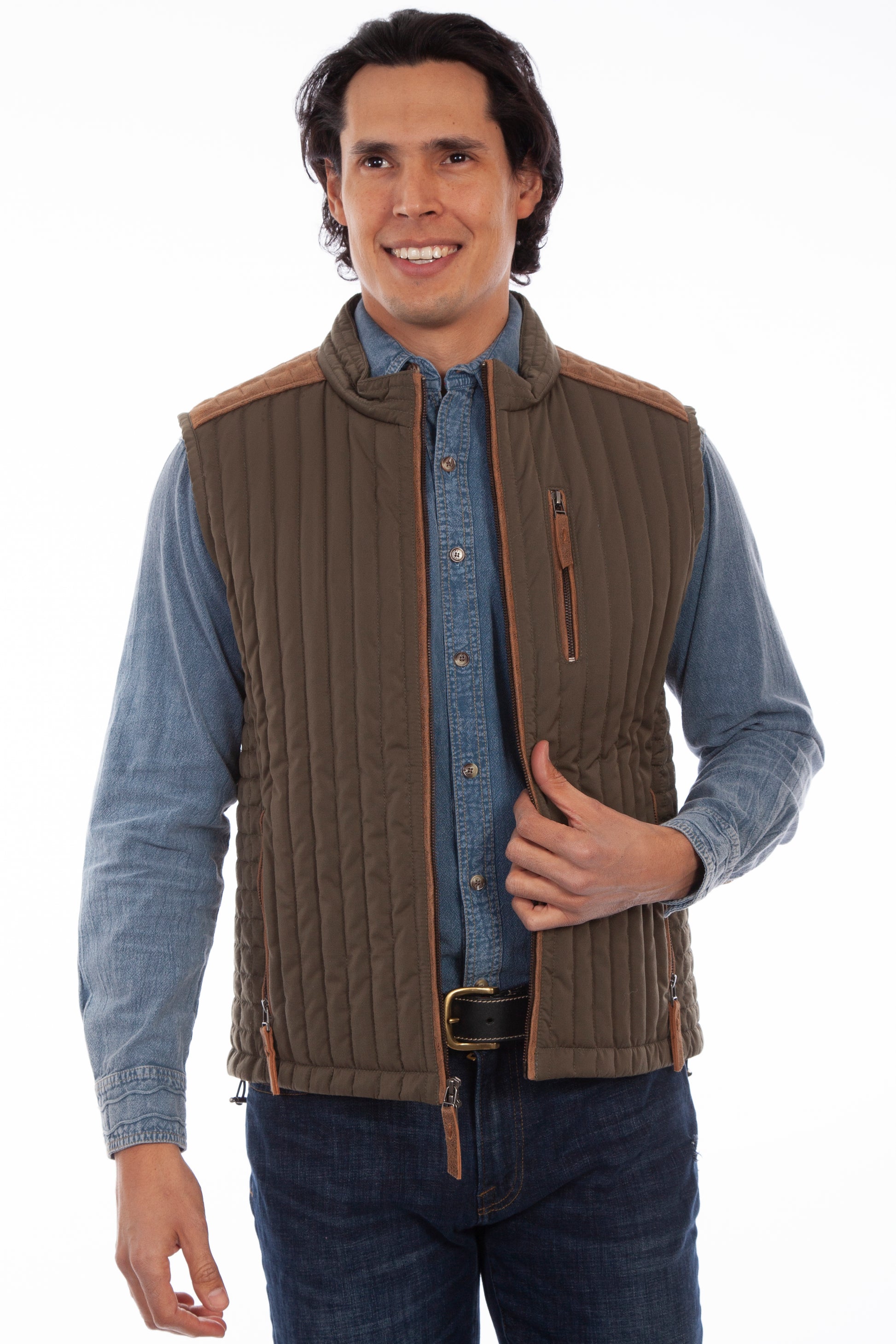 Scully Western Men's Ribbed Suede Trimmed Zip Vest in Olive