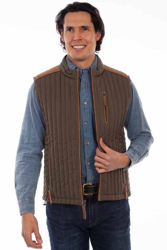 Scully Western Men's Ribbed Suede Trimmed Zip Vest in Olive