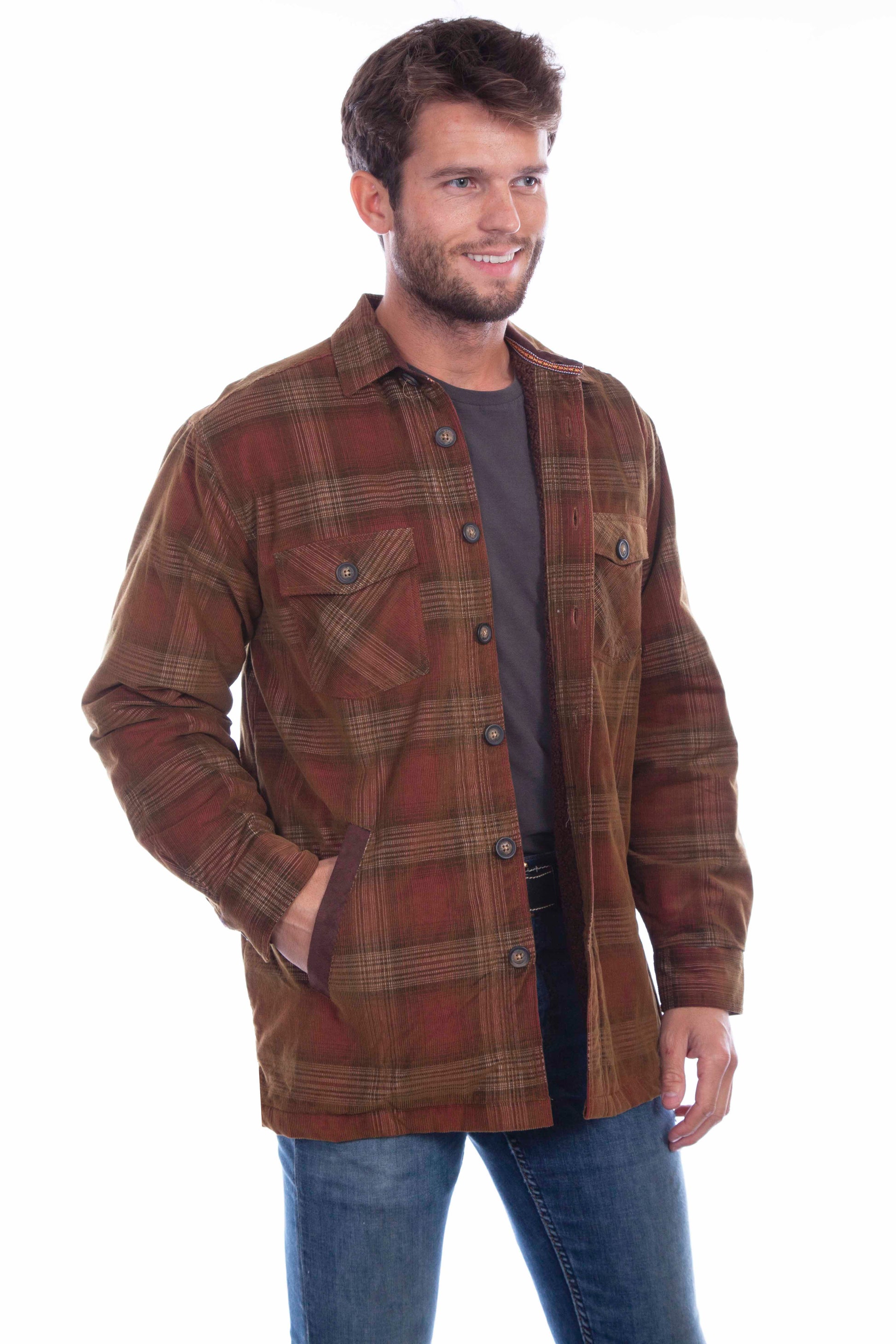 Scully Western Men's Sherpa Lined Shirt Jacket in Wine Brown