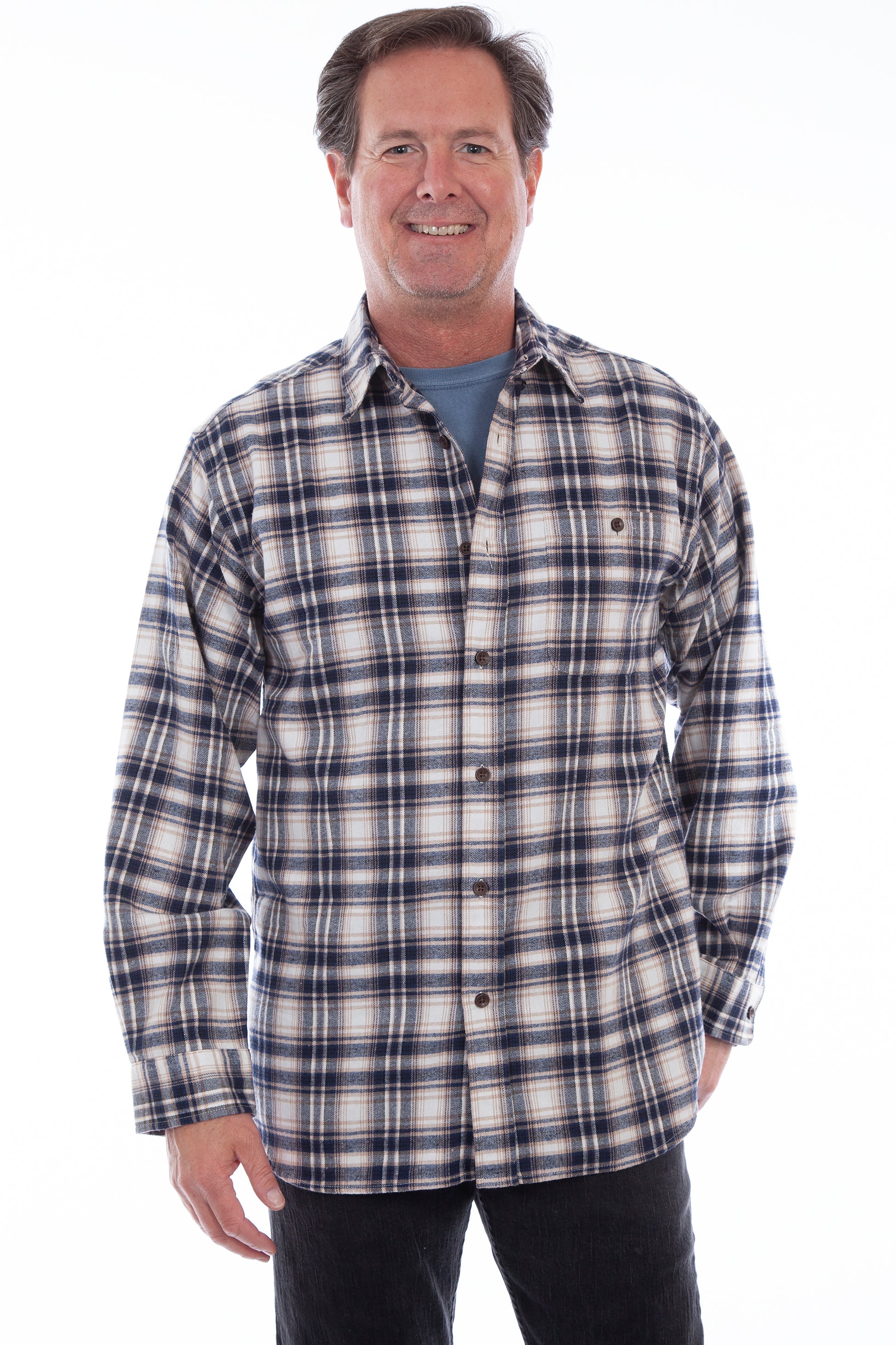 Scully Men's Cotton Flannel Plaid Shirt in Navy