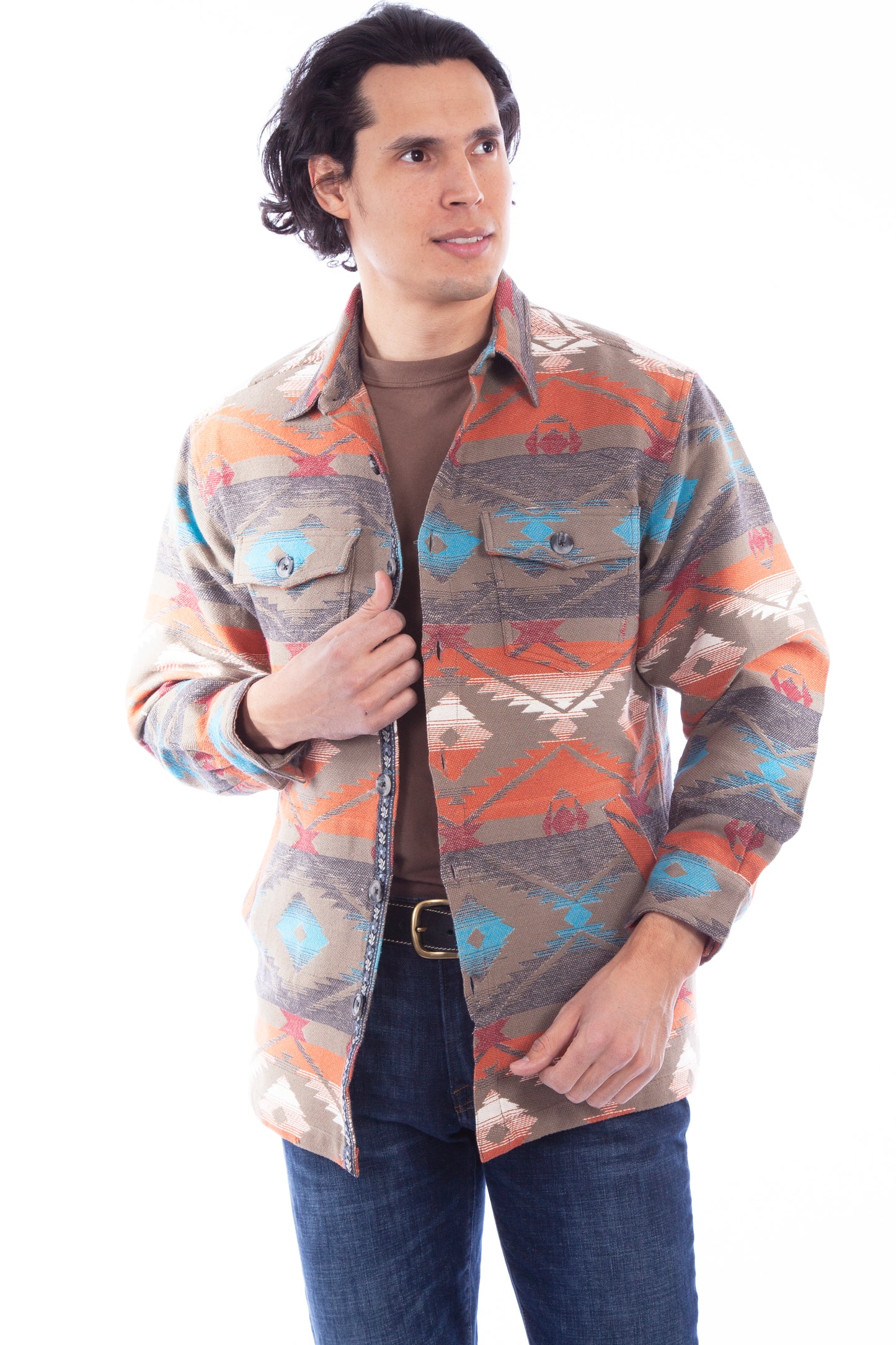 Scully Western Men's South Print Button Down Heavy Shirt Jacket in Olive