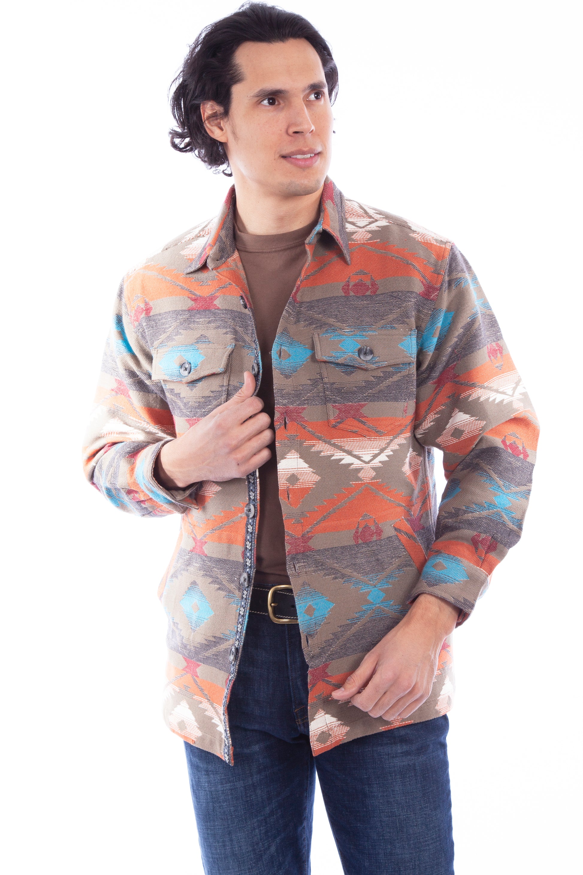 Scully Western Men's South Print Button Down Heavy Shirt Jacket in Olive